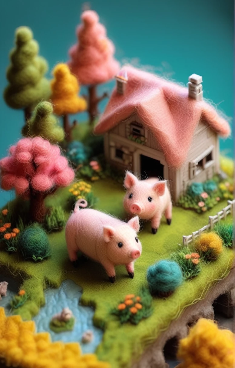 3d Retro Game (isometric felted tiny and cute kawaii pig:1.4) tiny farm, 8-bit Color Palette, Pixel Texture, Pixel Art Style, Isometric Perspective, highly detailed, vibrant colors, two tone lighting, soft smooth lighting, vibrant colors, 100mm lens, 3d blender render