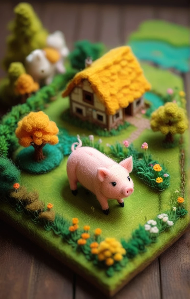 3d Retro Game (isometric felted tiny and cute kawaii pig:1.4) tiny farm, 8-bit Color Palette, Pixel Texture, Pixel Art Style, Isometric Perspective, highly detailed, vibrant colors, two tone lighting, soft smooth lighting, vibrant colors, 100mm lens, 3d blender render