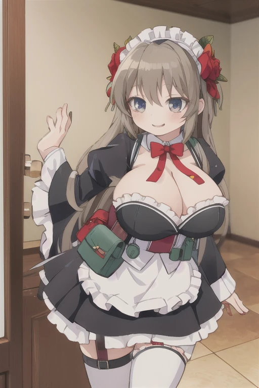 Asuka Ohtori, smile, Mole under the eye, Maid, Removable sleeves, Pouch, Thigh straps, Detachable collar, Maid headdress, Red bow tie, indoor, Wide sleeves, Cleavage, Huge breasts, Hair Flowers