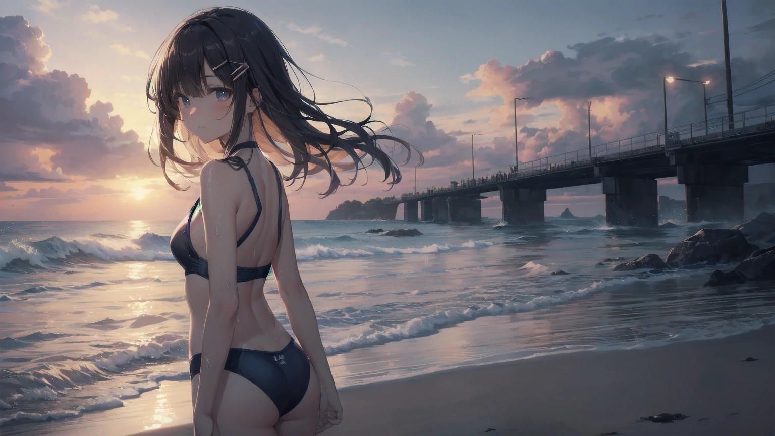 Highest quality, Anime Moe Art Style,Best Anime 8K Konachan Wallpaper,pixiv Contest Winner,Perfect Anatomy, break,(Please draw a picture of a girl in a Swimwear walking on the beach.),break, One is an unlucky beautiful girl.,(alone,On top of that,,:1.3),,Complete limbs, Full Finger, short hair, amount, (Hair on one eye:1.4),Small breasts, Small Ass, Beautiful attention to detail, Well-proportioned pupils,Between the legs, Wet, Shiny skin, Cowboy Shot, Hair Clip, Swimwear, At the Beach.break,Very detailed,High resolution,Very detailed肌, Shortcuts,Optimal lighting by AI with forehead exposed, shape,