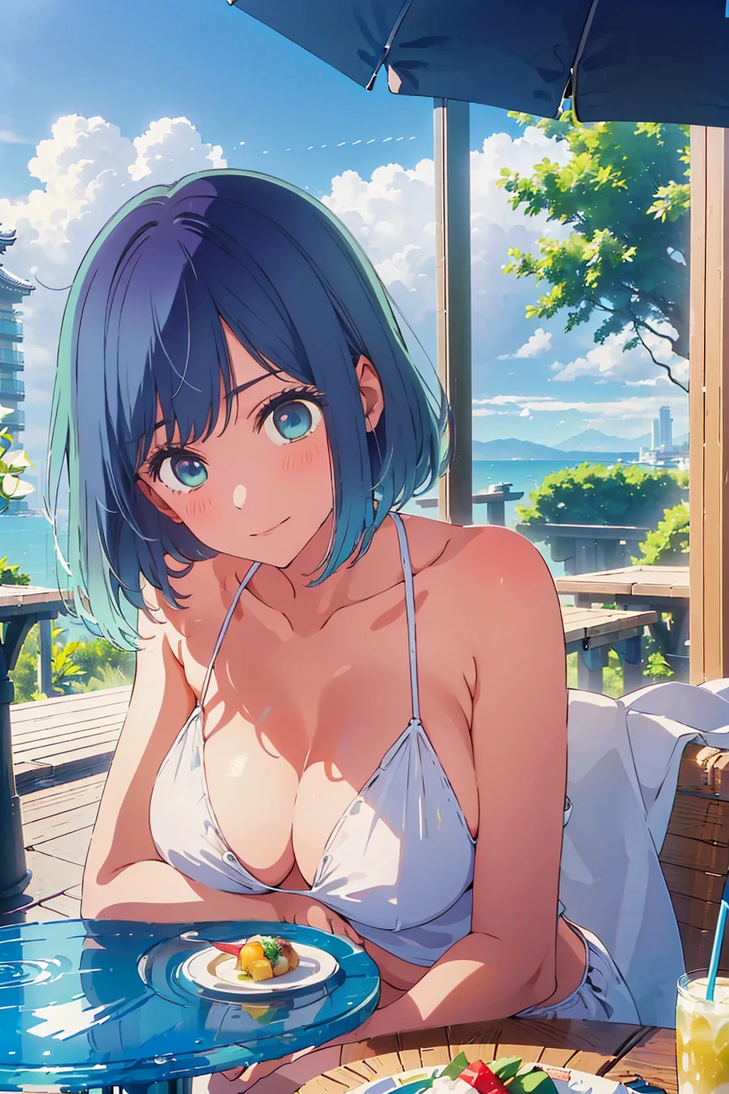 Highest quality,8k,detailed,F cup bust、Big Breasts、Very cute face、Slim and beautiful arms、Slim body、Very white beautiful skin、((((1 person、looking at the camera、smile、Thin white bikini、smile、sit、In the background are the skyscrapers of Tokyo city、Outdoor café terrace、Drink juice、From an angle、Cheek resting on hand、coastal、table、Shooting from a distance))))、I can see the deep blue sky、She tilted her head slightly、The atmosphere is bright and lively、The woman is at the center of the image。