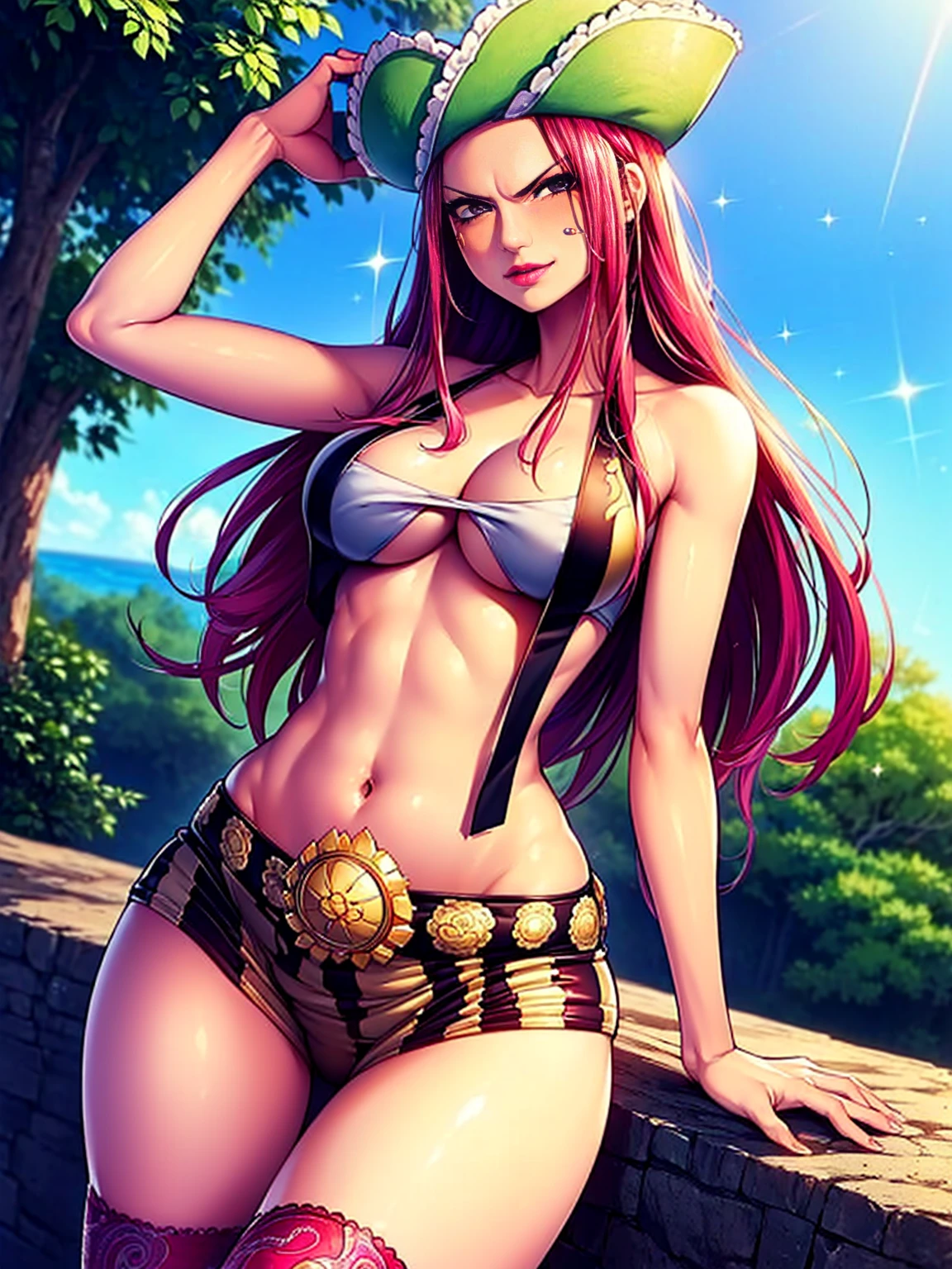 SEXY GIRL IN A PROVOCATIVE POSE, CUTE SEMI-NAKED GIRL, ((top quality, 8k, masterpiece:1.3)), Detailed eye, (looking from the front), looks at the camera, ((Everything is sparkling、light-reflecting:1.2)), (Best ratio: 4 fingers, 1 thumb), (portrait), (((Jewelry Bonney from One Piece))), JewelryBonneyV2, half body shot, 1girl, only, pretty face, long hair, pink hair, a, ((eormoma breasts, hyper detailed lips)), red lips, (thigh highs, bikini, purple eyes), navel, diaphragm, intricate detailed background, barren land, rocks, ocean, natural environment, Contrasted, Nervous, blush,