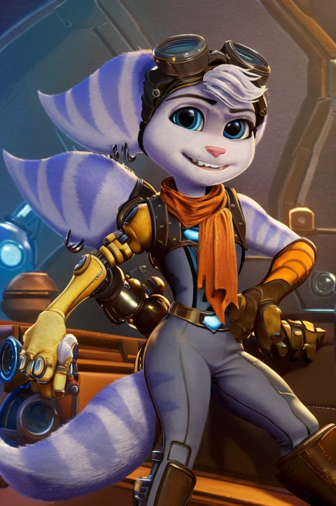 Rivet, tail, furry girl, young, inside livingroom, on couch, detailed body fur, detailed body, detailed eyes, detailed face, athletic, skinny, clothed, high quality, masterpiece, goggles, :D, looking at you, full body, [(thin:1.1) : small  : (rivet (ratchet and clank):1.2):4]