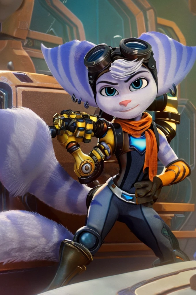 Rivet, tail, furry girl, young, inside livingroom, on couch, detailed body fur, detailed body, detailed eyes, detailed face, athletic, skinny, clothed, high quality, masterpiece, goggles, :D, looking at you, full body, [(thin:1.1) : small  : (rivet (ratchet and clank):1.2):4]