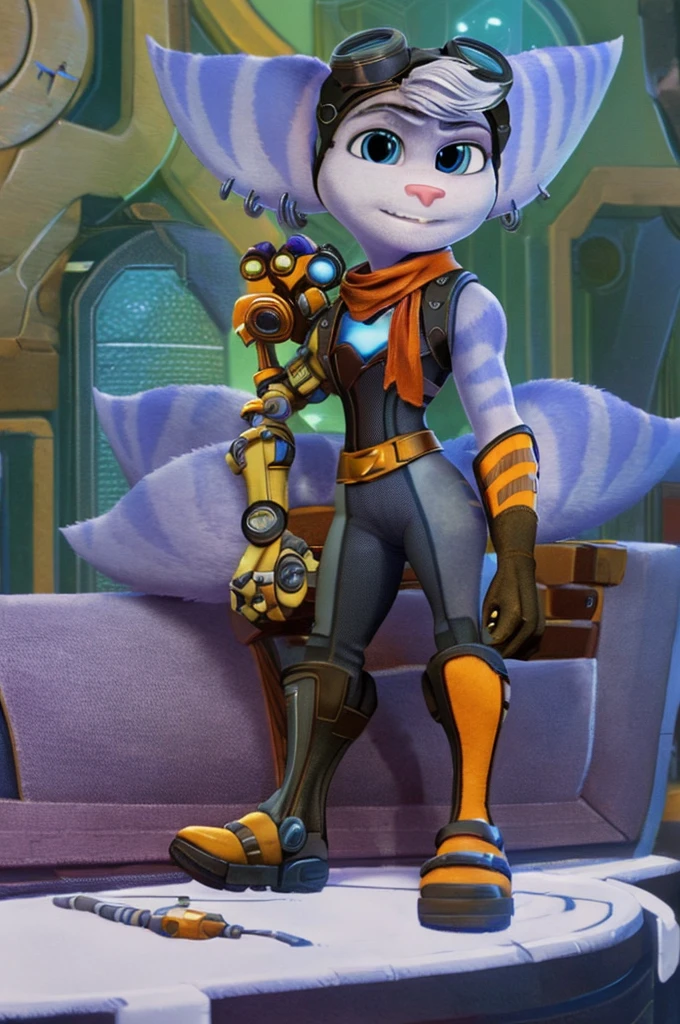 Rivet, tail, furry girl, young, inside livingroom, on couch, detailed body fur, detailed body, detailed eyes, detailed face, athletic, skinny, clothed, high quality, masterpiece, goggles, :D, looking at you, full body, [(thin:1.1) : small  : (rivet (ratchet and clank):1.2):4]