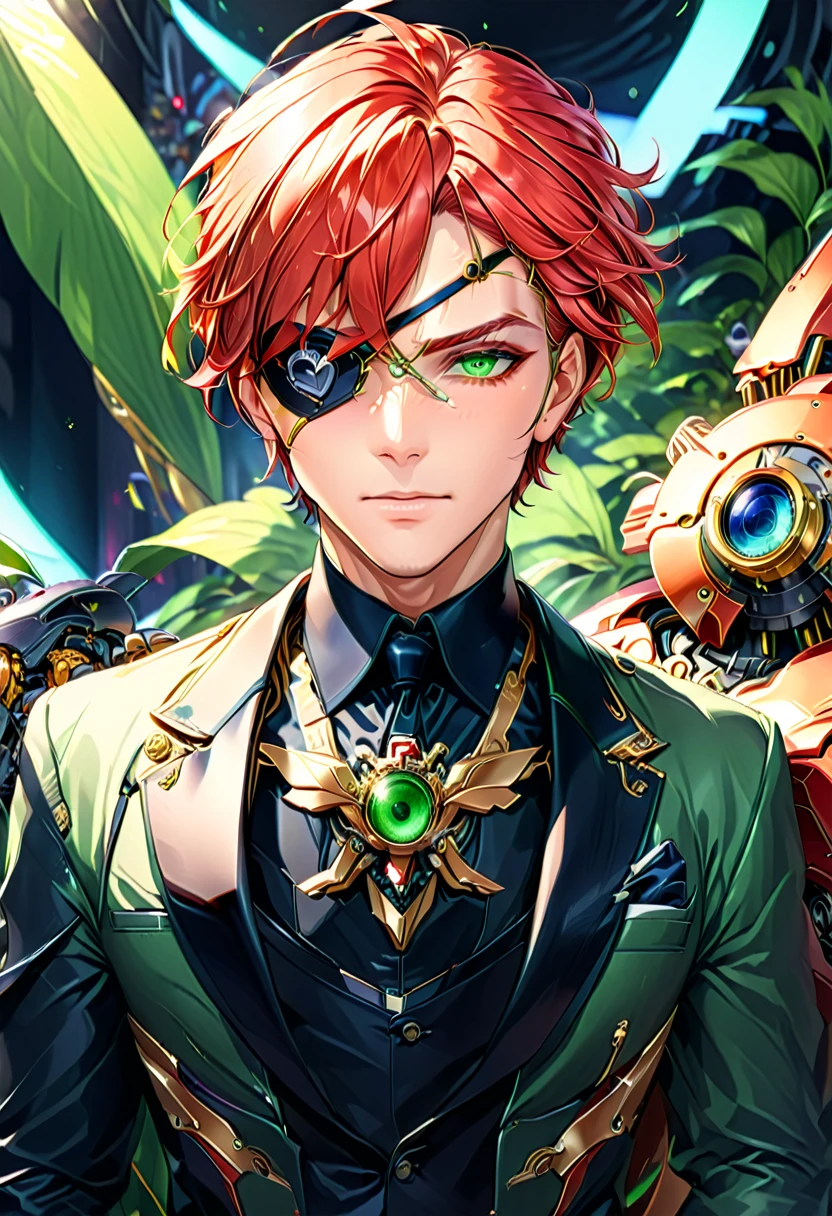 Arafed a picture of a human male spy, wearing dark suit, wearing ((mecha eye patch)), ((eye patch covering only one eye: 1.5))exquisite beautiful male, red hair, short hair, green eyes, ((the eye patch has intricate mechanical part in it: 1.4)), high society gala event background, (Masterpiece: 1.5), 16k, highres, best quality, high details, ultra detailed, masterpiece, best quality, (extremely detailed),
