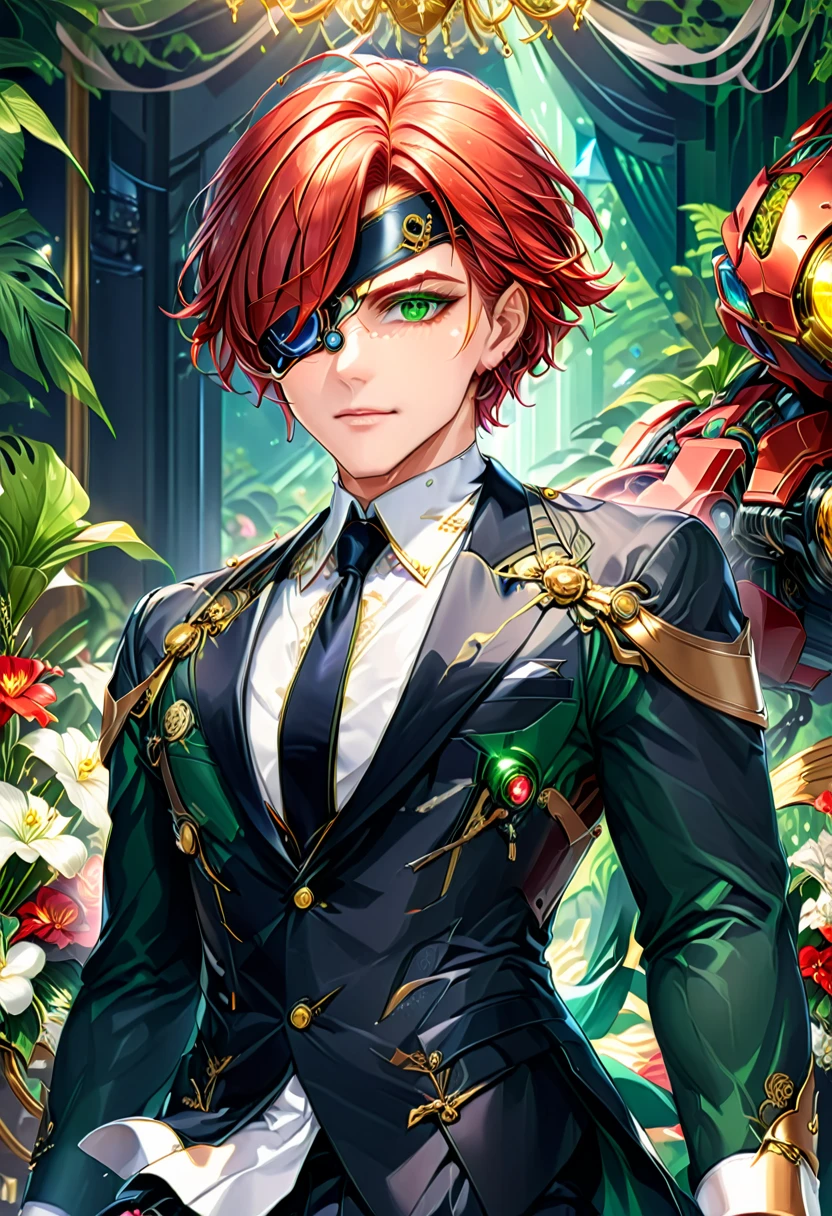 Arafed a picture of a human male spy, wearing dark suit, wearing ((mecha eye patch)), ((eye patch covering only one eye: 1.5))exquisite beautiful male, red hair, short  hair, green eyes, ((the eye patch has intricate mechanical part in it: 1.4)), high society gala event background, (Masterpiece: 1.5), 16k, highres, best quality, high details, ultra detailed, masterpiece, best quality, (extremely detailed),