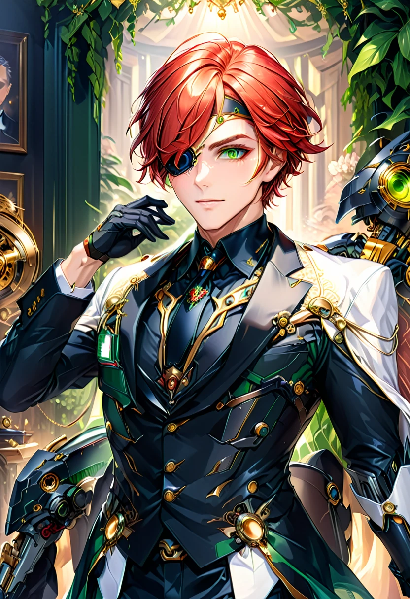 Arafed a picture of a human male spy, wearing dark suit, wearing ((mecha eye patch)), ((eye patch covering only one eye: 1.5))exquisite beautiful male, red hair, short hair, green eyes, ((the eye patch has intricate mechanical part in it: 1.4)), high society gala event background, (Masterpiece: 1.5), 16k, highres, best quality, high details, ultra detailed, masterpiece, best quality, (extremely detailed),