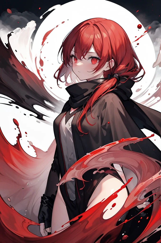 One girl,(Redhead)),Red eyes,Daikon,Long Hair,(loose Long Hair),((Black Cape)),(Cape Hood),scarf,Red moon floating in the sky,night,Floating red flowers fall,Upper Body,Remains,Strong Shadows,Ash,fire,ice,((Ink wAsh painting)),((ink splAshing)),((color splAshing)),NSFW,pussy,beast