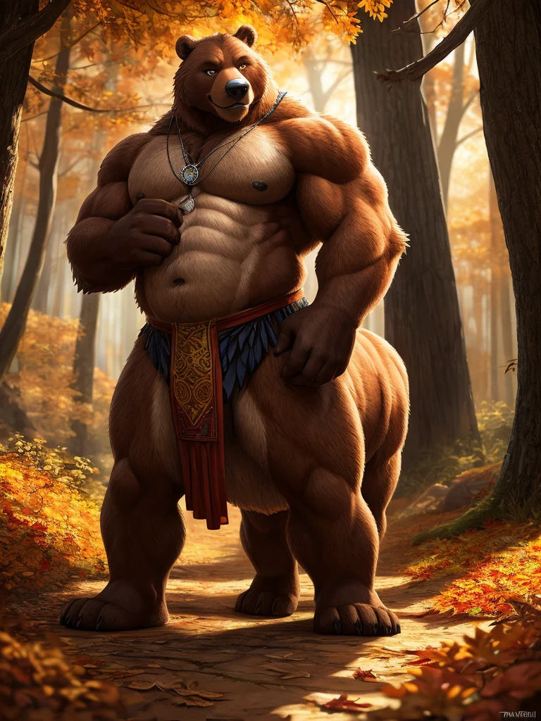 pose, posing, solo, furry, fur taur, beartaur,  strong muscle, black armor, green rope, orange loincloth, (black shirt:0.382) ,orange tanktop, bear paw, brown body, 5 fingers, 1 tail, necklace, smile face, open eyes, autumn forest, highly detailed, masterpiece,(best quality), (extreme detailed illustration), good anatomy, (detailed CG), (bright eyes), stomach, abs, belly, (chubby:1), black hairs, barefoot, full body, orange loincloth, (intricate, high detail, film photography, soft focus, RAW candid cinema, photorealism, realistic, photorealistic, analog style, subsurface scattering, masterpiece, best quality, ultra realistic, 8k), (by canyne khai,by takemoto arashi), (yamato (tamacolle)), 