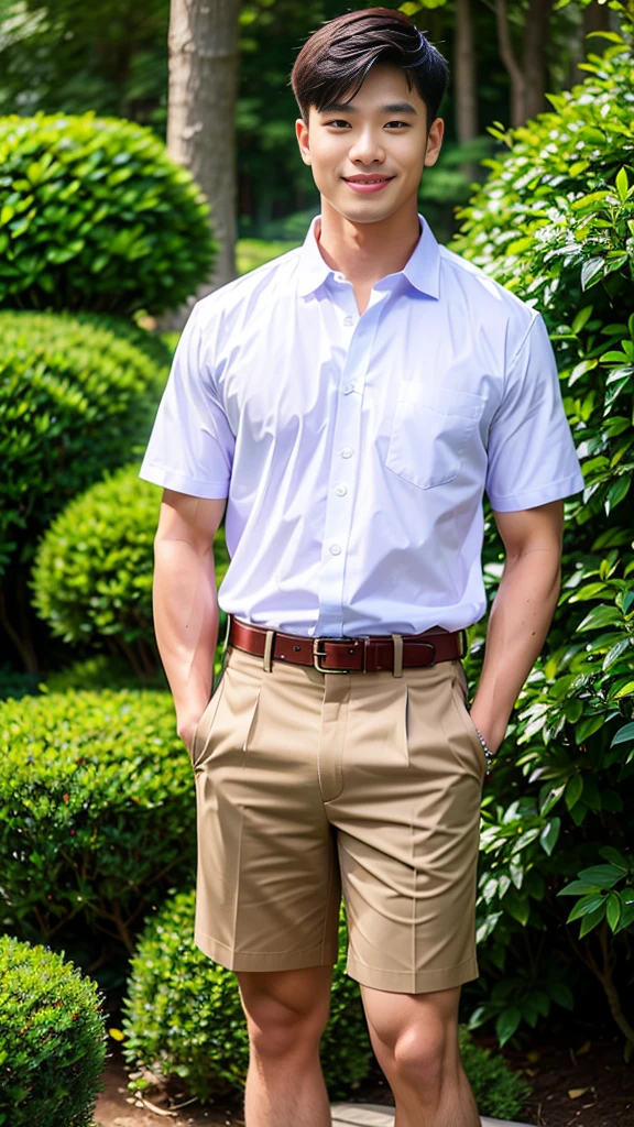 (Create a masterpiece: 1.2),(CGI art:1.3),(realistic:1.5),(After processing:1.3),(Sharp focus:1.3),10,1 man, smile, (Wear a white school shirt.), (Shorts, blue),brown belt, Korean guy , korean men, (High gloss details), chest muscles, large arm muscles, blood vessel, Big muscles, Broad shoulders, looking at the audience, Balancing the eyes, forest, mountain, (Make eye contact)