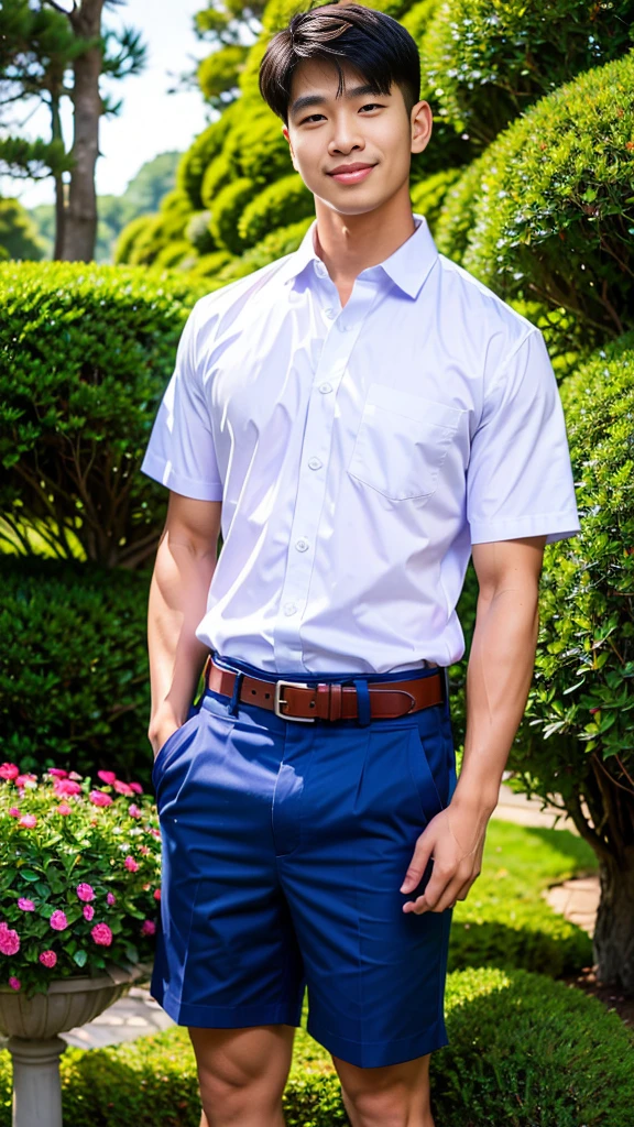 (Create a masterpiece: 1.2),(CGI art:1.3),(realistic:1.5),(After processing:1.3),(Sharp focus:1.3),10,1 man, smile, (Wear a white school shirt.), (Shorts, blue),brown belt, Korean guy , korean men, (High gloss details), chest muscles, large arm muscles, blood vessel, Big muscles, Broad shoulders, looking at the audience, Balancing the eyes, forest, mountain, (Make eye contact)