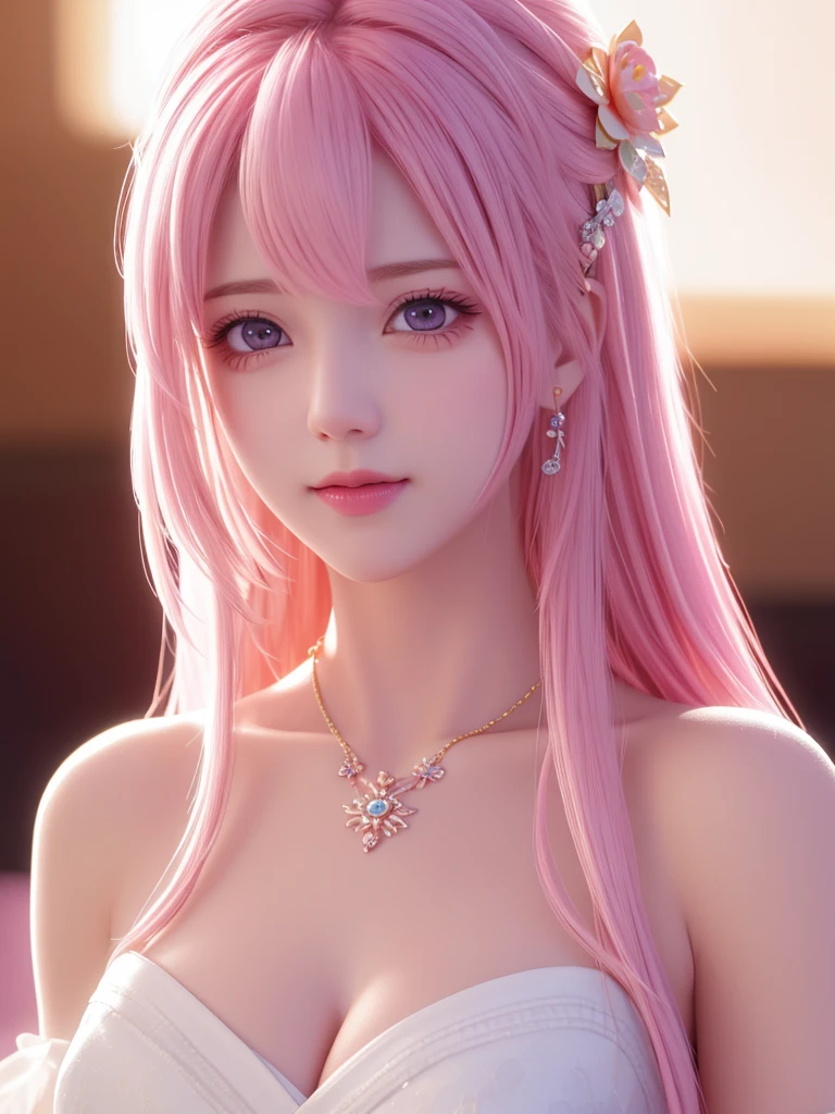 best quality, masterpiece, High target, 1 Girl, nude, Hair Decorationss, necklace, Decorations, Pretty Face, When the body, Tyndall effect, Realistic Portraits, Dark Studio, Edge lighting, Two-color light, (Very delicate skin:1.2), 8K uhd, Digital SLR Camera, Soft Light, high quality, Volumetric Lighting, Honest, photo, high resolution, 4k, 8K, Bokeh, Pink Hair,pink hair tips, Pink Eyes.