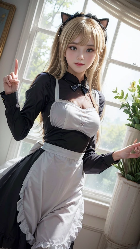 anime character dressed in Maid outfit standing in front of a window, anime girl in a Maid costume, Maid outfit, gorgeous Maid, Maid, Beautiful and detailed anime art, Maid dress, anime cat girl in a Maid costume, loli in dress, a Maid in a magical forest, Catboy Cosplay! Maid! dress, From Girls Frontline, wearing Maid uniform, (((Middle finger hand sign))), (Anatomically correct hand:1.3), (Detailed hands:1.2), (Detailed eyes and face:1.2), (Perfect Anatomy:1.2), (Blonde Hair:1.2), (Beautiful breasts:1.2), flower pot, ribbon, (Beautiful Face, Baby Face:1.2, Idol Face), Slender body line, Small and slender figure, (Highest quality, 8k, masterpiece:1.2), Ultra-detailed, (Reality:1.4), Narrow waist,