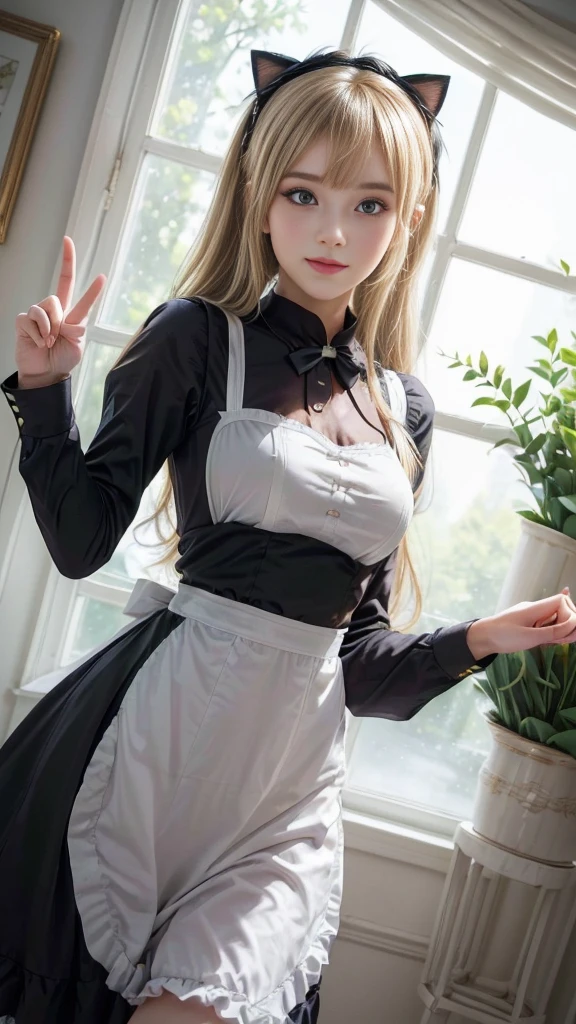 anime character dressed in Maid outfit standing in front of a window, anime girl in a Maid costume, Maid outfit, gorgeous Maid, Maid, Beautiful and detailed anime art, Maid dress, anime cat girl in a Maid costume, in dress, a Maid in a magical forest, Catboy Cosplay! Maid! dress, From Girls Frontline, wearing Maid uniform, (((Middle finger hand sign))), (Anatomically correct hand:1.3), (Detailed hands:1.2), (Detailed eyes and face:1.2), (Perfect Anatomy:1.2), (Blonde Hair:1.2), (Beautiful breasts:1.2), flower pot, ribbon, (Beautiful Face, Baby Face:1.2, Idol Face), Slender body line, Small and slender figure, (Highest quality, 8k, masterpiece:1.2), Ultra-detailed, (Reality:1.4), Narrow waist,