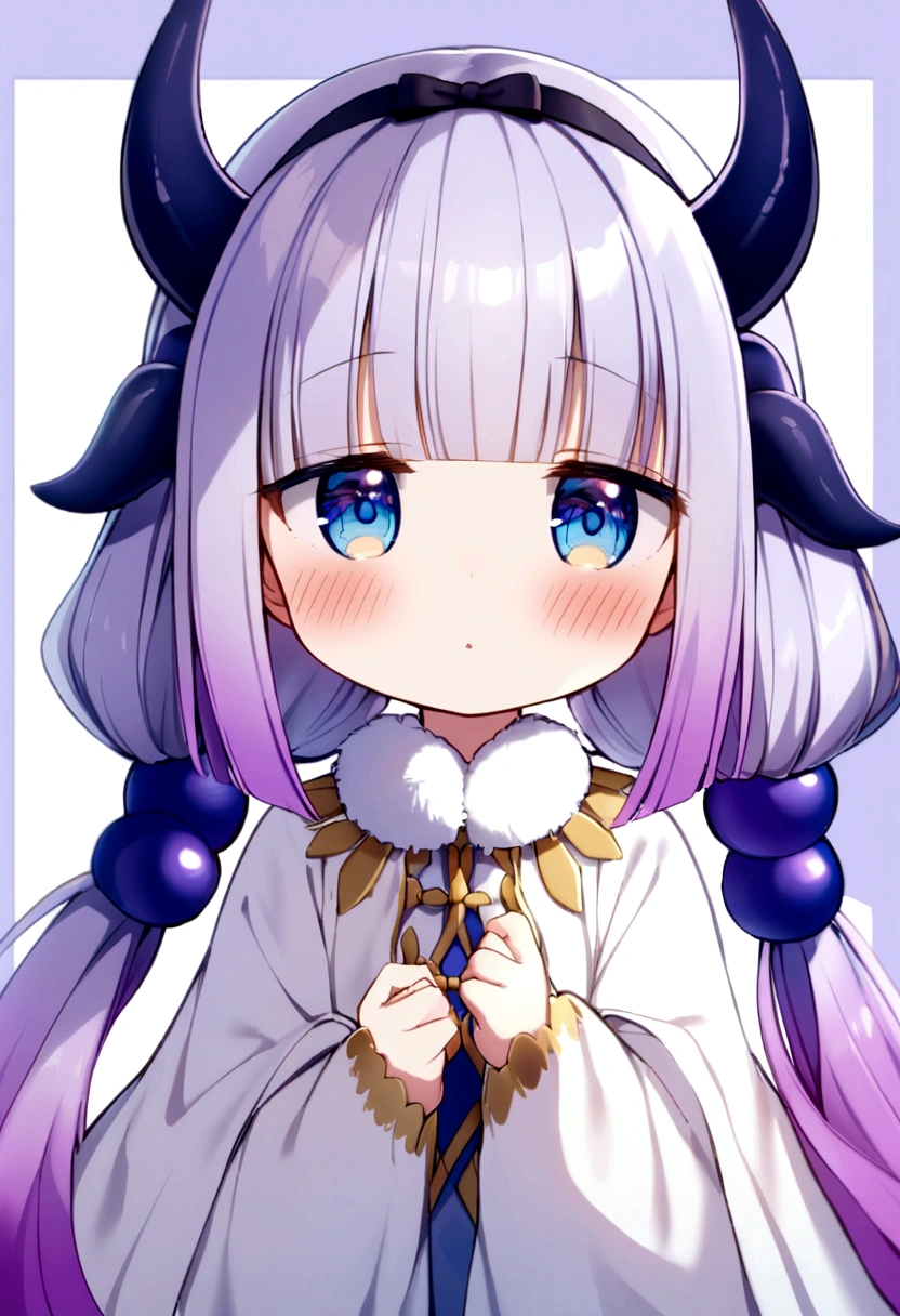  {kanna_kamui_kobayashisanchinomaidragon:1.15}, long_hair, light_purple_hair, blue_eyes, hair_ornament, bangs, blush, multicolored_hair, twintails, blunt_bangs, hair_beads, beads, hairband, gradient_hair, low_twintails, horns, dragon_horns, purple_hair