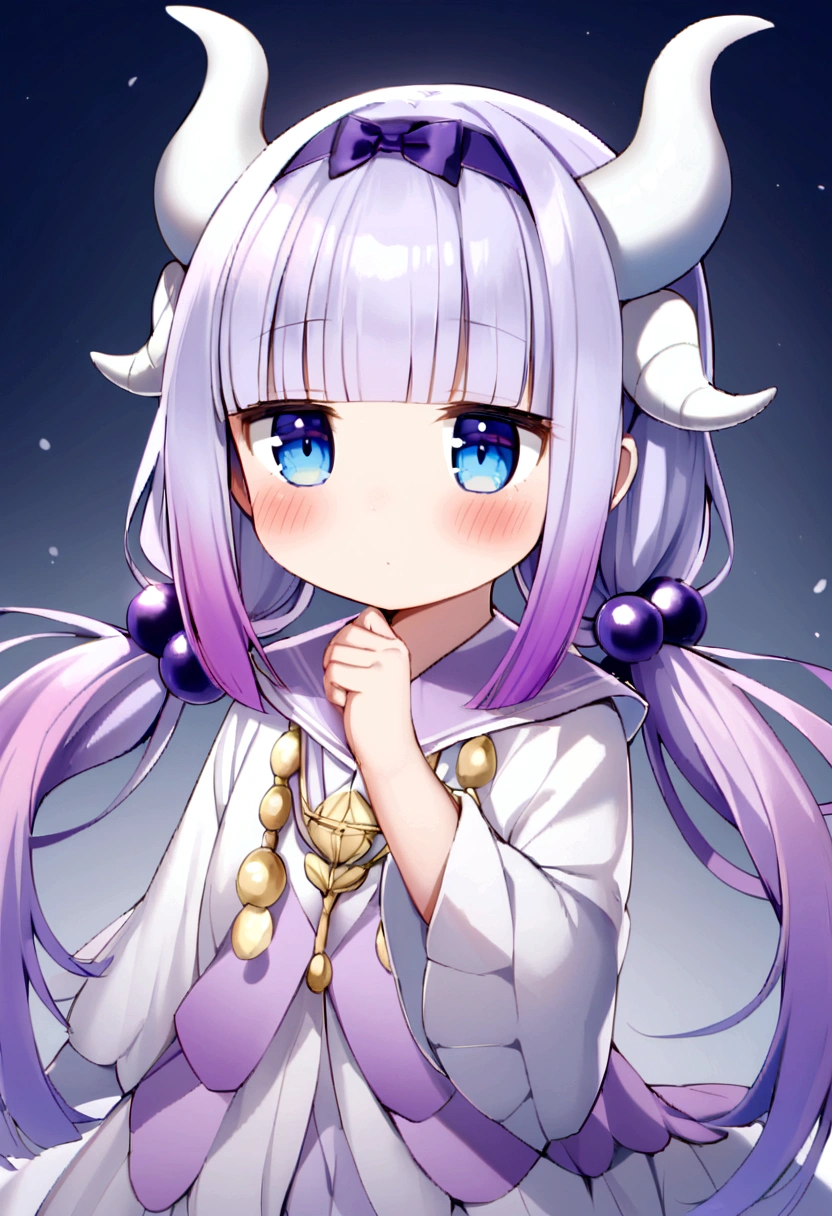  {kanna_kamui_kobayashisanchinomaidragon:1.15}, long_hair, light_purple_hair, blue_eyes, hair_ornament, bangs, blush, multicolored_hair, twintails, blunt_bangs, hair_beads, beads, hairband, gradient_hair, low_twintails, horns, dragon_horns, purple_hair