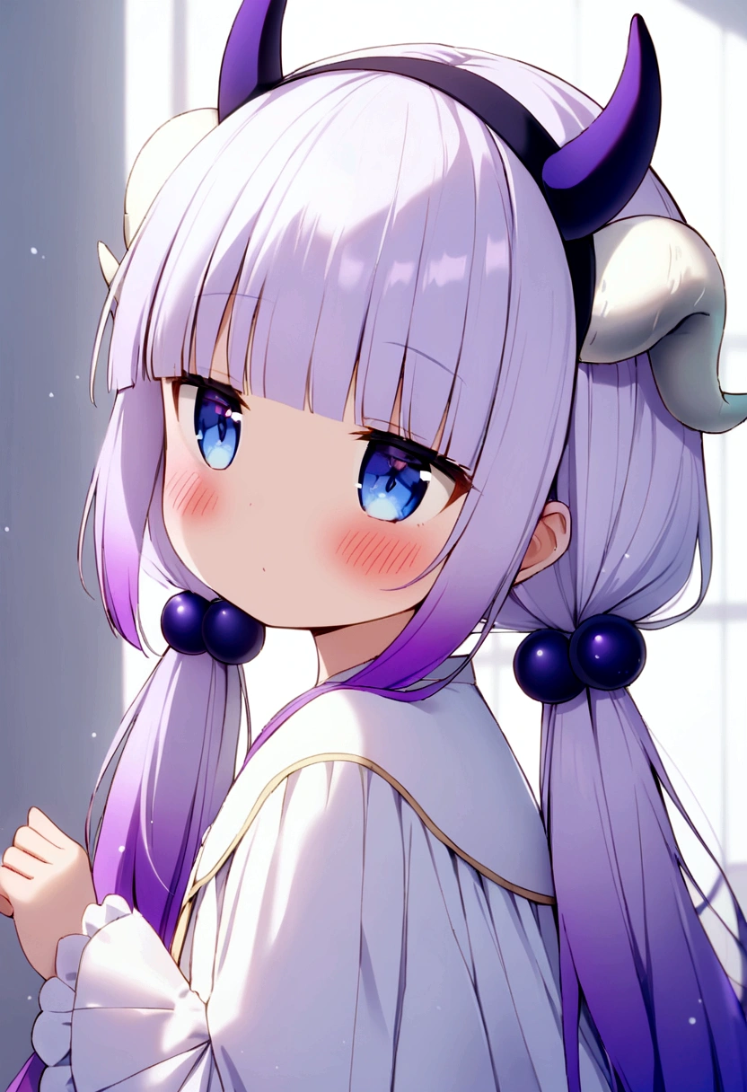  {kanna_kamui_kobayashisanchinomaidragon:1.15}, long_hair, light_purple_hair, blue_eyes, hair_ornament, bangs, blush, multicolored_hair, twintails, blunt_bangs, hair_beads, beads, hairband, gradient_hair, low_twintails, horns, dragon_horns, purple_hair