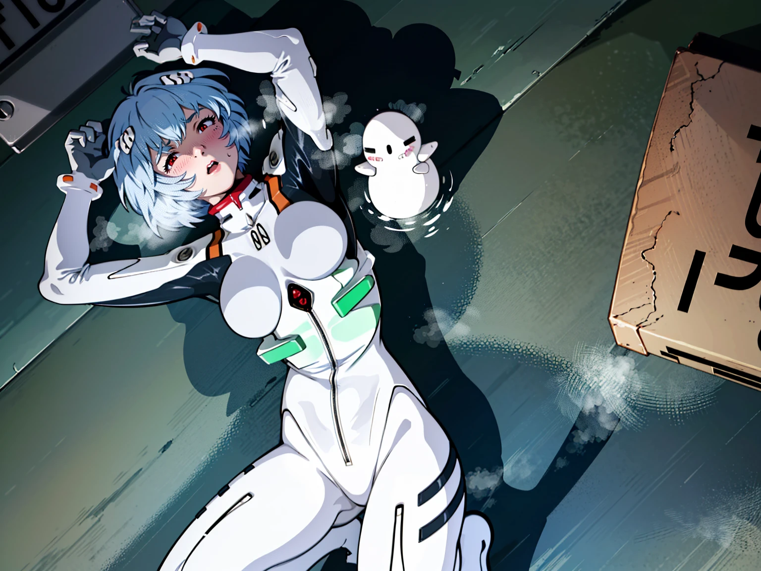 ((Highest quality, 8k wallpaper)),(masterpiece, Highest quality),Very detailed,High resolution,(Official Art:1.3),(((Anime screenshots,Black outline))),One girl,alone, Break mer1,(Rei Ayanami {Neon Genesis Evangelion,}1.2),masterpiece, best quality, outdoor, 1girl, Solo,red eyes,short hair,blue hair, (White plug suit:1.4), skin tight,(Tired look, A look of regret, Struggled, Half-closed eyes, fear, humiliation, Frightened, anxiety:1.3),(((Covered in sweat, Mass sweat, Sweating profusely,steam:1.7))), (wariza, arms on chest, Look Up:1.8), (Dirty Costume with mud,gym storeroom:1.5)(((sweat,sweatdrop,flying sweatdrops, sweating profusely,wet,wet clothes,wet hair,messy hair))),
