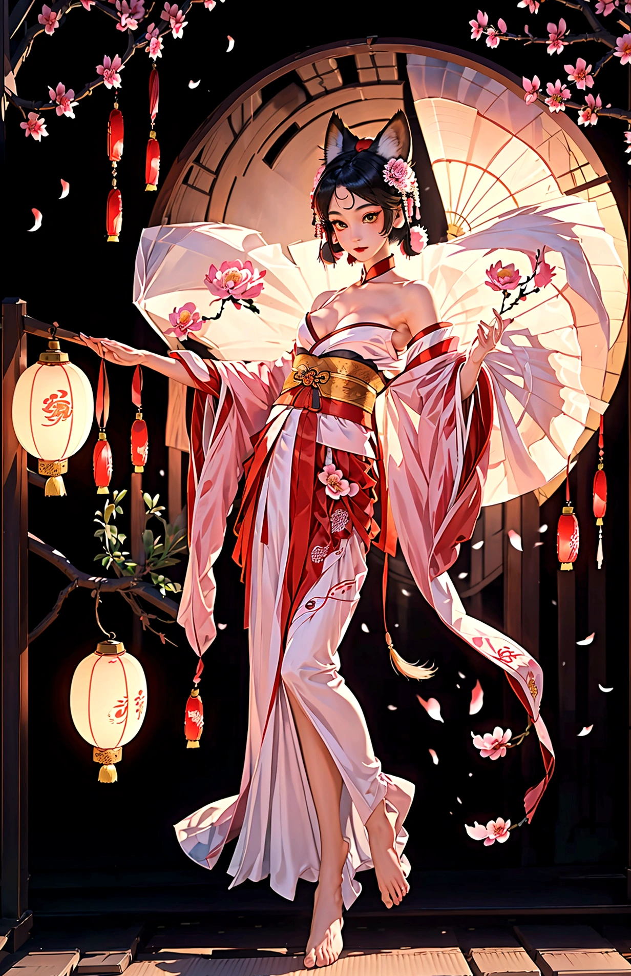 Masterpiece, best quality, full body shot (head and feet in the frame)(highly precise drawing down to the smallest detail)(extremely precise representation)a breathtakingly beautiful japanese yokai kitsune (fox goddess)accompanied by white fox(very athletic human body, fox ears, more than 3 foxtails)) dressed in (in typical color representation) a hanfu clothing worthy of a goddess with a beautiful headdress, fit, small breasts, paper lanterns and peonies, very detailed images, extremely detailed, complicated details, high resolution, super complex details, 