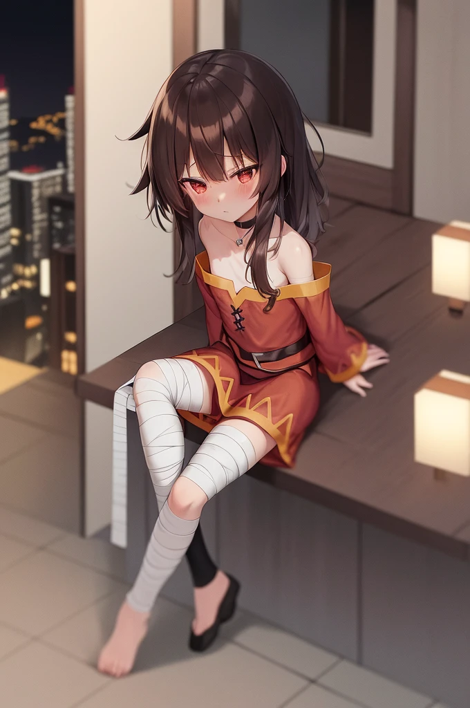 Megumin, One girl，alone，Short and long hair，Brown Hair，Red Eyes，Small breasts，clavicle，Red dress，Gold border，Black choker，Clothes are loose around the chest，grab the clothes on your chest，Bandage on leg，Hotel Rooms，Night view of skyscrapers，Orange lighting，Top view，