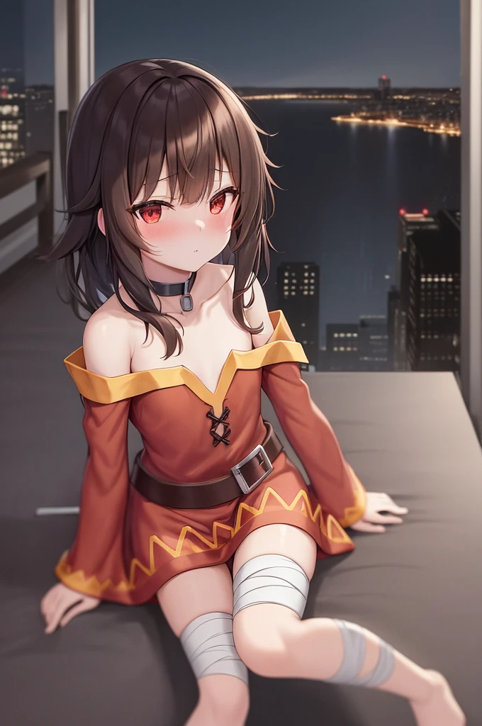 Megumin, One girl，alone，Short and long hair，Brown Hair，Red Eyes，Small breasts，clavicle，Red dress，Gold border，Black choker，Clothes are loose around the chest，grab the clothes on your chest，Bandage on leg，Hotel Rooms，Night view of skyscrapers，Orange lighting，Top view，