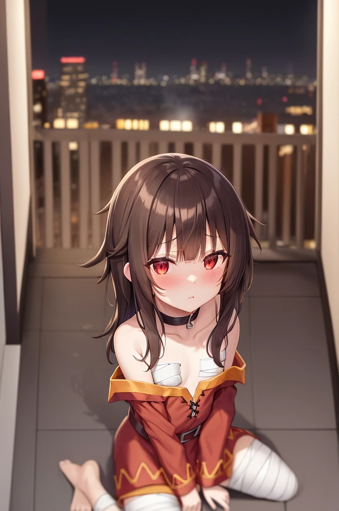 Megumin, One girl,alone,Short and long hair,Brown Hair,Red Eyes,Small breasts,clavicle,Red dress,Gold border,Black choker,Clothes are loose around the chest,grab the clothes on your chest,Bandage on leg,Hotel Rooms,Night view of skyscrapers,Orange lighting,Top view,