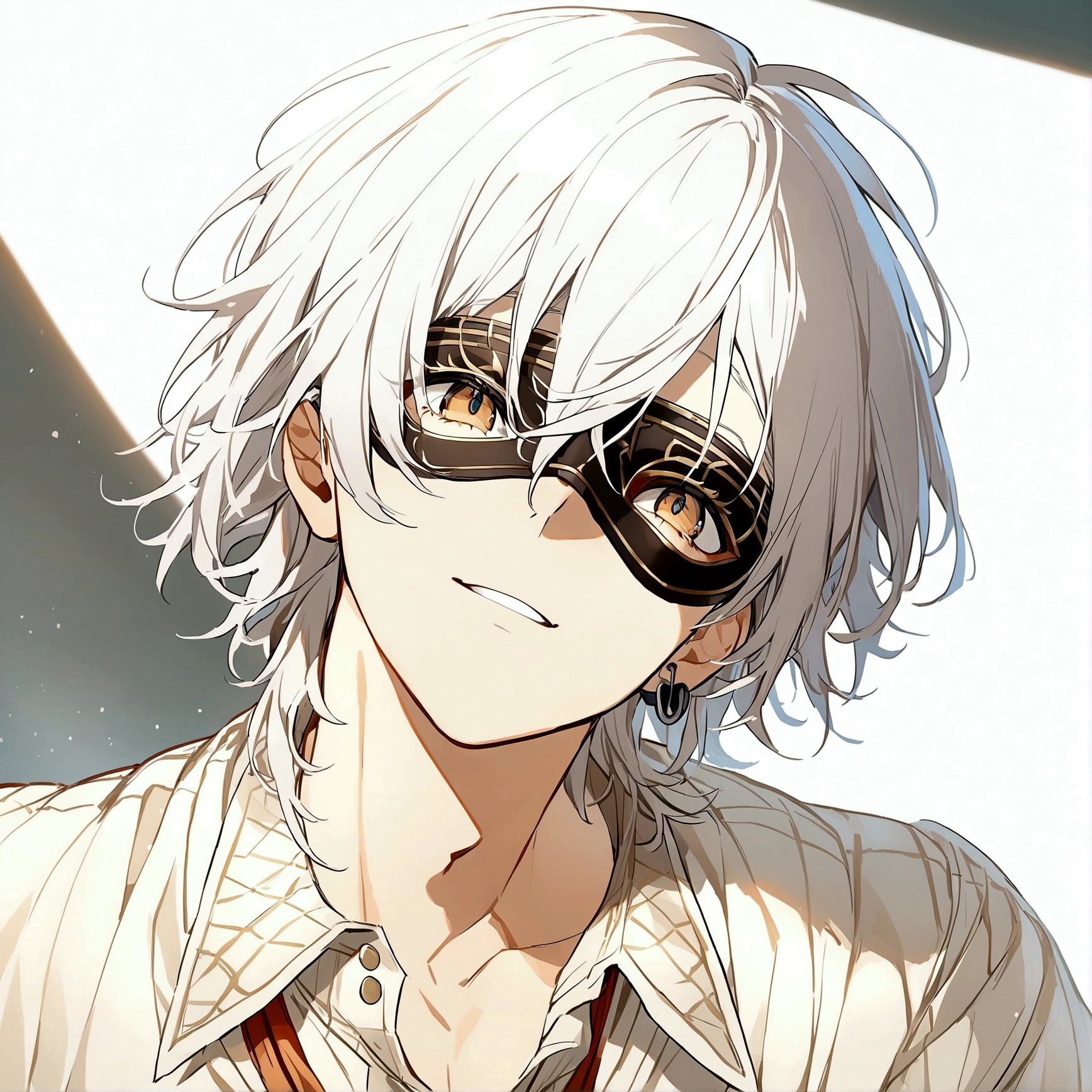 1boy，White hair，Eye mask，shirt，Looking up，Male focus，白色独眼Eye mask，白色shirt，solo，