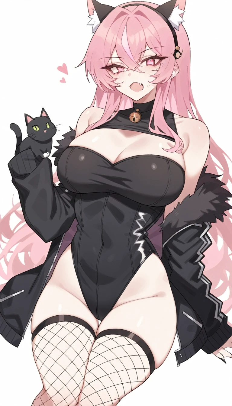 score_9, score_8_superior, score_7_superior, score_6_superior,an art with a beautiful woman wearing a cat costume, cat, 1girl, black cat, animal ears, breasts, cat ears, solo, jacket, thighhighs, large breasts, pink hair, black jacket, jewelry, multicolored hair, white background, fishnets, fang, looking at viewer, open mouth, animal, simple background, hairband, bangs, off shoulder