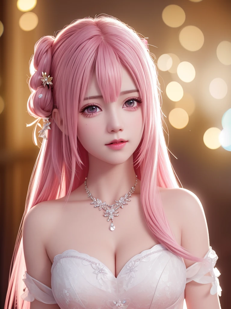 best quality, masterpiece, High target, 1 Girl, nude, Hair Decorationss, necklace, Decorations, Pretty Face, When the body, Tyndall effect, Realistic Portraits, Dark Studio, Edge lighting, Two-color light, (Very delicate skin:1.2), 8K uhd, Digital SLR Camera, Soft Light, high quality, Volumetric Lighting, Honest, photo, high resolution, 4k, 8K, Bokeh, Pink Hair,pink hair tips, Pink Eyes.