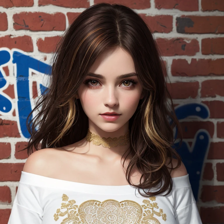 ultra realistic 8k cg, masterpiece, ((ultra detailed background, delicate pattern, intricate detail)), best quality, intricate details, chromatic aberration, 1girl, long hair, golden hair, messy hair, red highlights, hair over one eye, sharp eyes, choker, brick wall, graffiti, dim lighting, alley, oversized shirt,off shoulder, see through white shirt, Masterpiece, best quality