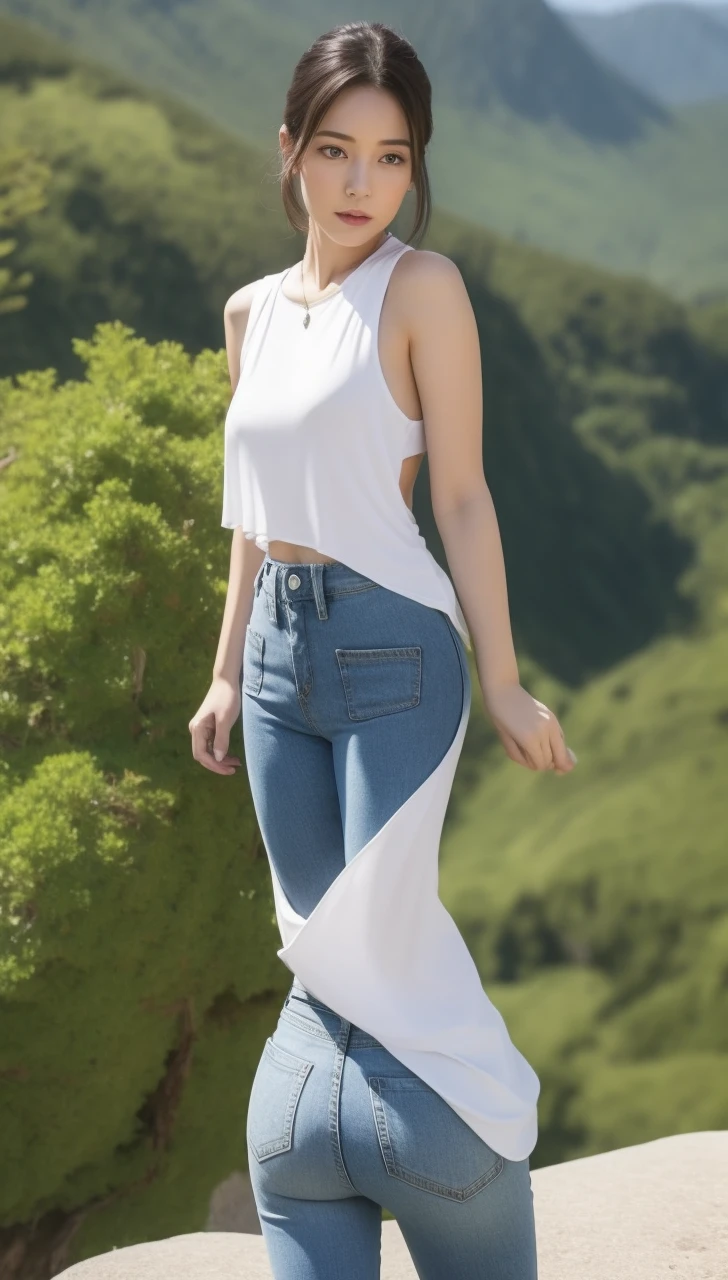 araffes in tight blue pants and a white top is walking in the mountains, character is in her natural pose, photorealistic perfect body, realistic shaded perfect body, highly detailed clothing, sexy outfit, intriguing outfit, back pose, realistic clothing, photorealistic anime girl render, 3 d anime realistic, wearing tight simple clothes, realistic anime 3 d style, extremely high detail