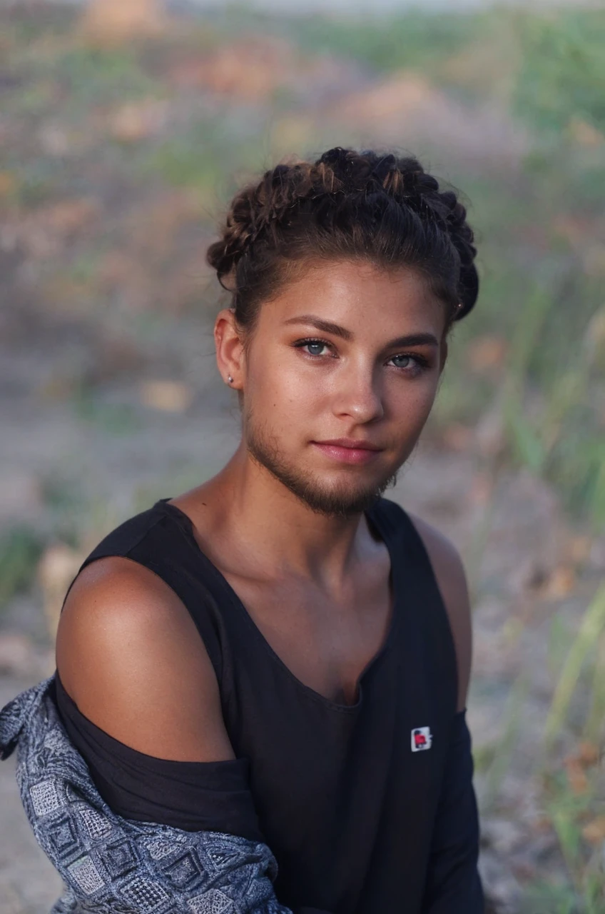 an eye contact of a blond with bun hair and dark theme