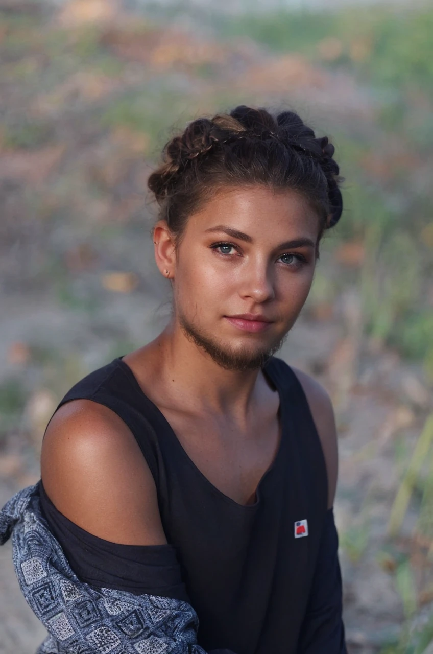 an eye contact of a blond with bun hair and dark theme
