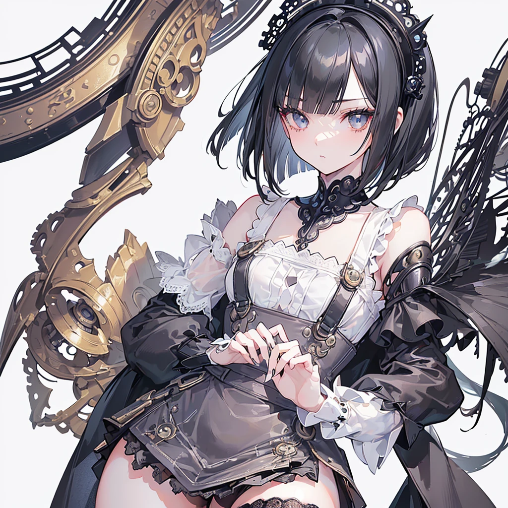 (((Masterpiece, top quality, super detailed))), One female, (((Very Slender body))) , (((Long, thin legs))), (((short black bob, thick puffy bangs ))), (((very detailed face))), cosmetics-free, small thin nose, small thin-lipped mouth, (((very sharp focused eyes))), large slit precision pale grey eyes, sparkling like jewels, Long eyelashes, ((Very decorative intricate mechanical steampunk fashion, Lace Flared mini skirt, Lace stockings above the knee, Lace Off-shoulder ta fashion, Overly decorative fashion)), (((overall accuracy has improved dramatically, creating a super detailed and realistic image))), Super realistic photo,(((upper body))),((white background)),