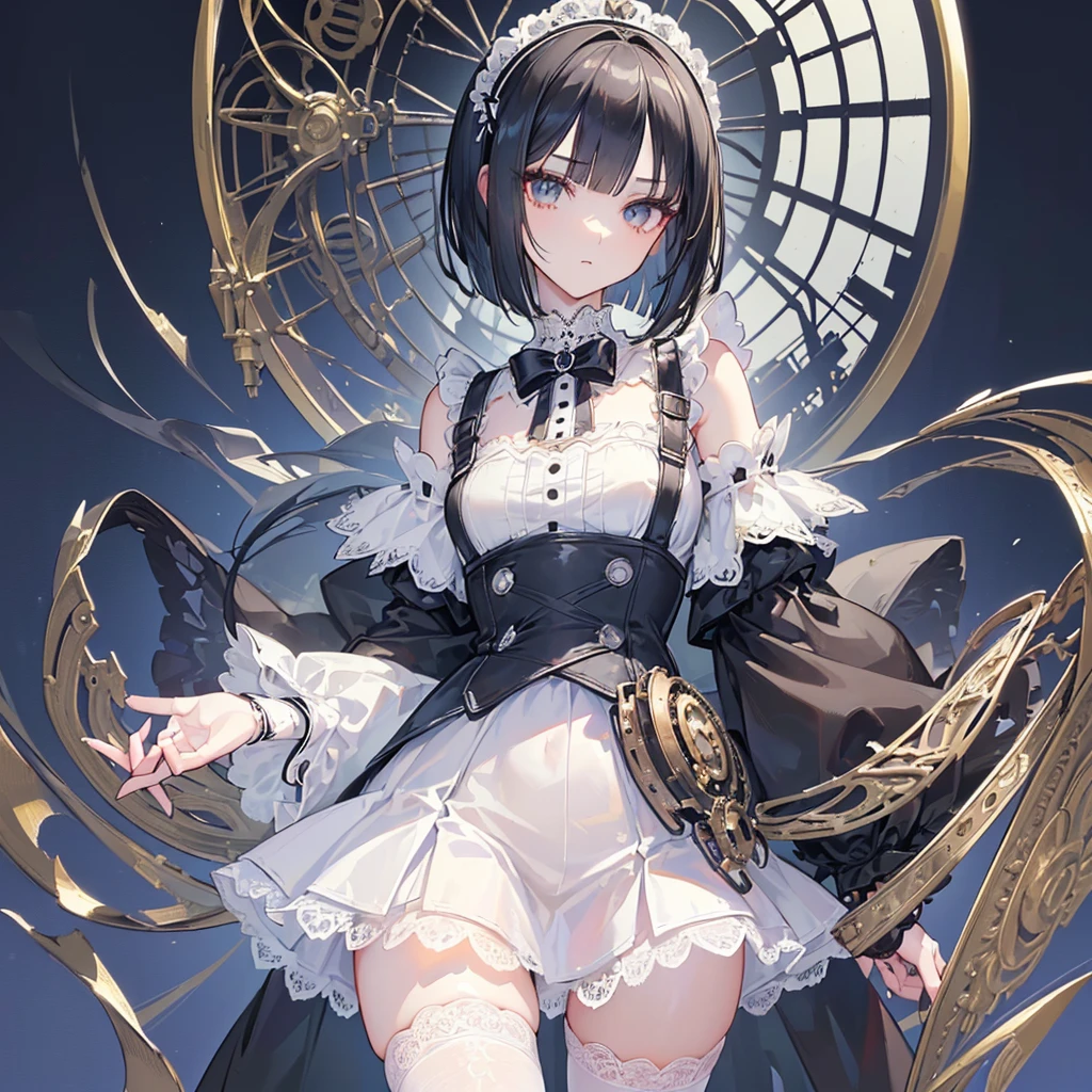 (((Masterpiece, top quality, super detailed))), One female, (((Very Slender body))) , (((Long, thin legs))), (((short black bob, thick puffy bangs ))), (((very detailed face))), cosmetics-free, small thin nose, small thin-lipped mouth, (((very sharp focused eyes))), large slit precision pale grey eyes, sparkling like jewels, Long eyelashes, ((Very decorative intricate mechanical steampunk fashion, Lace Flared mini skirt, Lace stockings above the knee, Lace Off-shoulder ta fashion, Overly decorative fashion)), (((overall accuracy has improved dramatically, creating a super detailed and realistic image))), Super realistic photo,(((upper body))),((white background)),