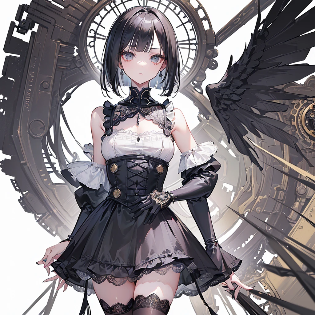 (((Masterpiece, top quality, super detailed))), One female, (((Very Slender body))) , (((Long, thin legs))), (((short black bob, thick puffy bangs ))), (((very detailed face))), cosmetics-free, small thin nose, small thin-lipped mouth, (((very sharp focused eyes))), large slit precision pale grey eyes, sparkling like jewels, Long eyelashes, ((Very decorative intricate mechanical steampunk fashion, Lace Flared mini skirt, Lace stockings above the knee, Lace Off-shoulder lolita fashion, Overly decorative fashion)), (((overall accuracy has improved dramatically, creating a super detailed and realistic image))), Super realistic photo,(((upper body))),((white background)),