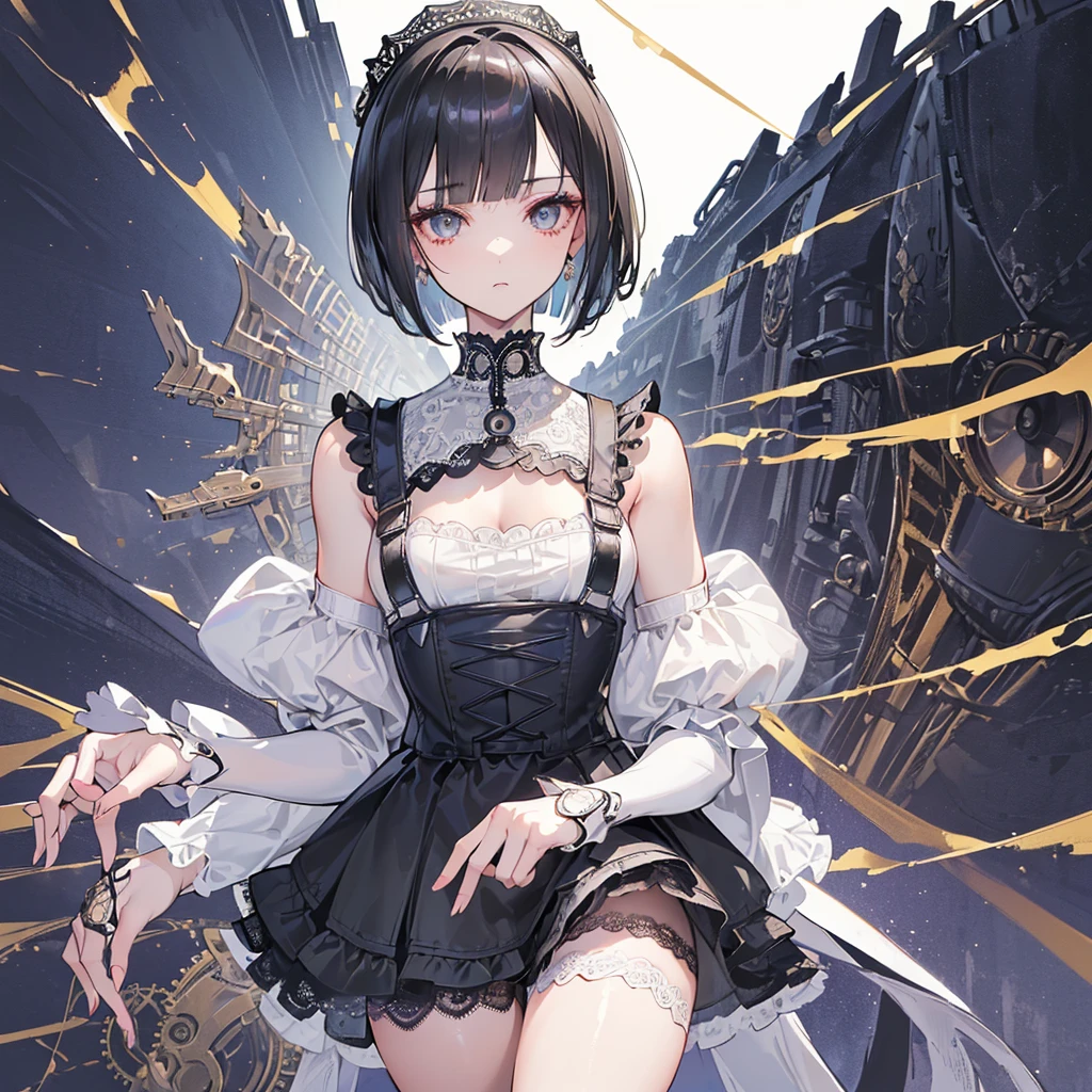 (((Masterpiece, top quality, super detailed))), One female, (((Very Slender body))) , (((Long, thin legs))), (((short black bob, thick puffy bangs ))), (((very detailed face))), cosmetics-free, small thin nose, small thin-lipped mouth, (((very sharp focused eyes))), large slit precision pale grey eyes, sparkling like jewels, Long eyelashes, ((Very decorative intricate mechanical steampunk fashion, Lace Flared mini skirt, Lace stockings above the knee, Lace Off-shoulder lolita fashion, Overly decorative fashion)), (((overall accuracy has improved dramatically, creating a super detailed and realistic image))), Super realistic photo,(((upper body))),((white background)),