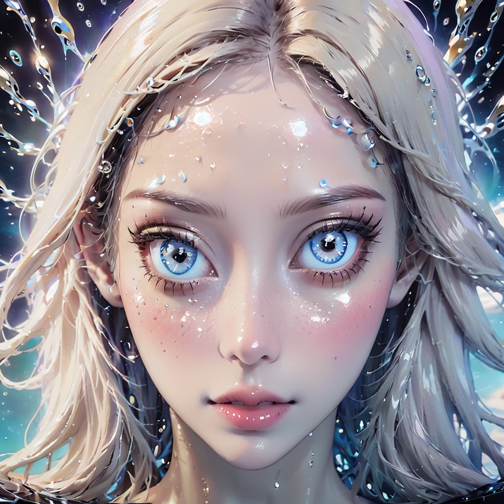 a detailed human head having ((multiple count of eyeballs)) in a , cosmic watery dimension using crystal clear effect , ((wet effect)) , shimmering vibrant , blackpitch background using hd , 32k high resolution, clear grahpic , high quality image in 32k resolution.