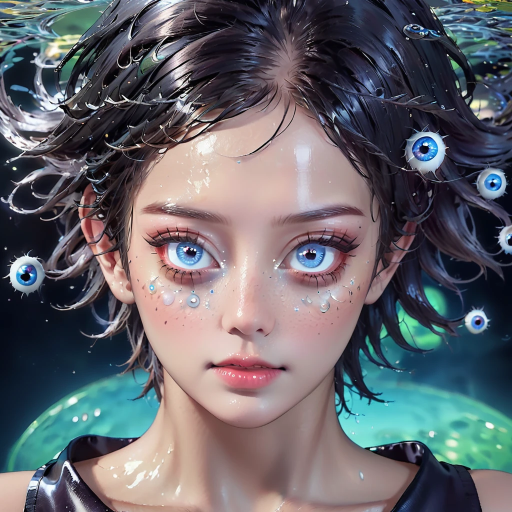 a detailed human head having ((multiple count of eyeballs)) in a , cosmic watery dimension using crystal clear effect , ((wet effect)) , shimmering vibrant , blackpitch background using hd , 32k high resolution, clear grahpic , high quality image in 32k resolution.