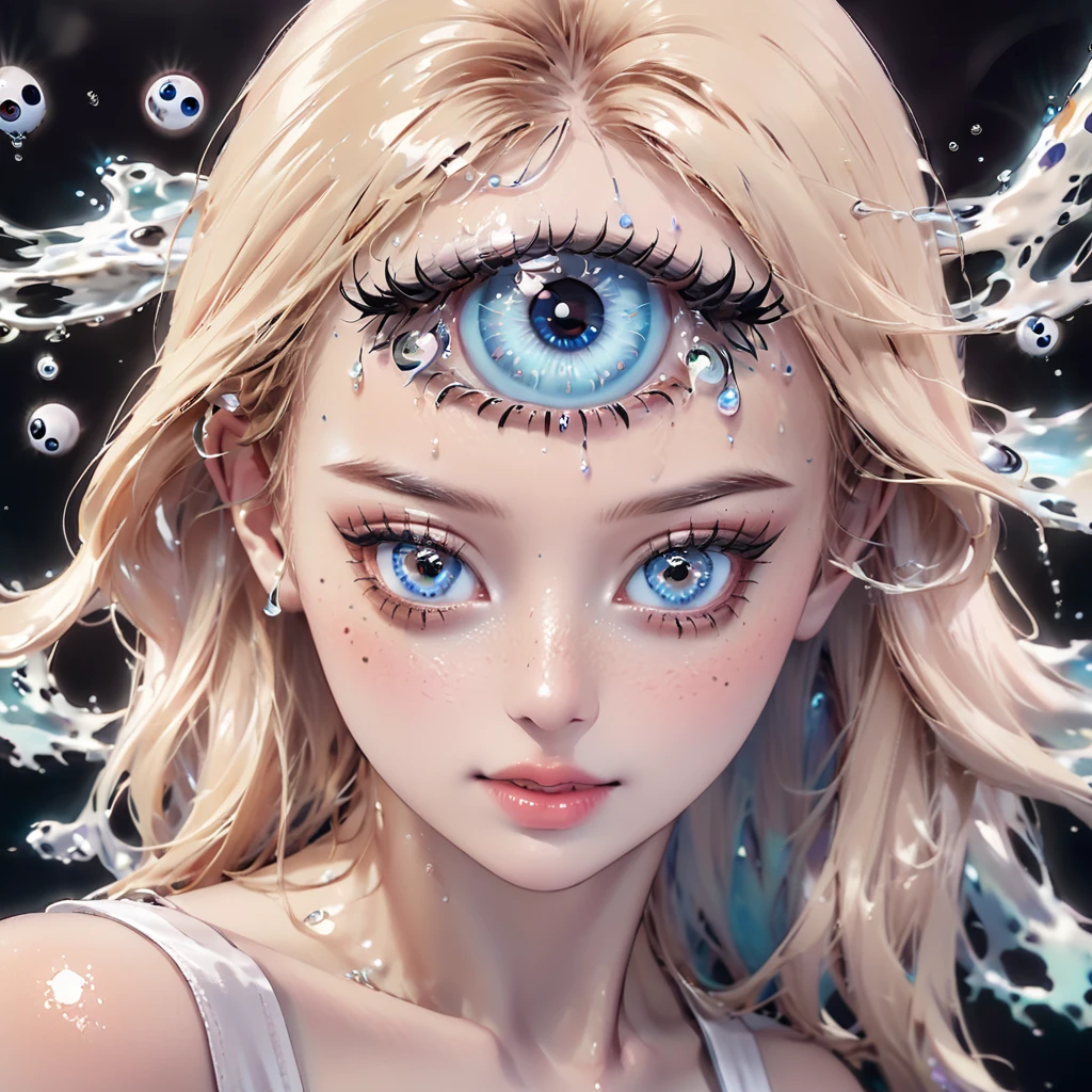 a detailed human head having ((multiple count of eyeballs)) in a , cosmic watery dimension using crystal clear effect , ((wet effect)) , shimmering vibrant , blackpitch background using hd , 32k high resolution, clear grahpic , high quality image in 32k resolution.