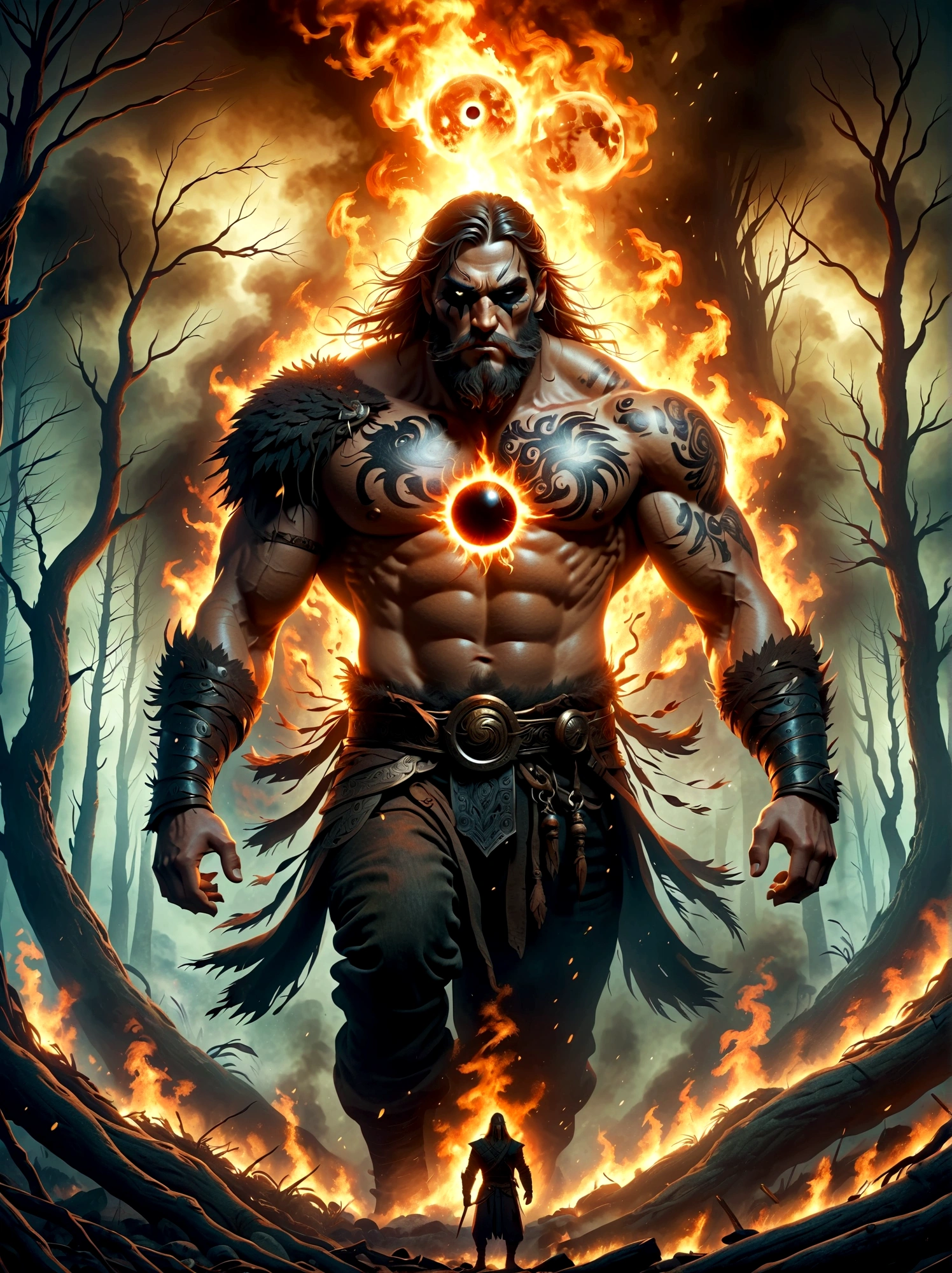 A one-eyed giant from Norse mythology, with a huge single eye covered by a black eye patch, depicted in a full-body view from a distance. The giant appears powerful and wild, with intricate details. The setting is a dark forest ablaze with hellish flames, creating a harsh environment. The artwork is in fantasy style, dark fantasy, with dramatic lighting, evoking an epic sense of destruction and fear. The image should be of the highest quality, 8k resolution, highly detailed, with 1.4 times the realism.