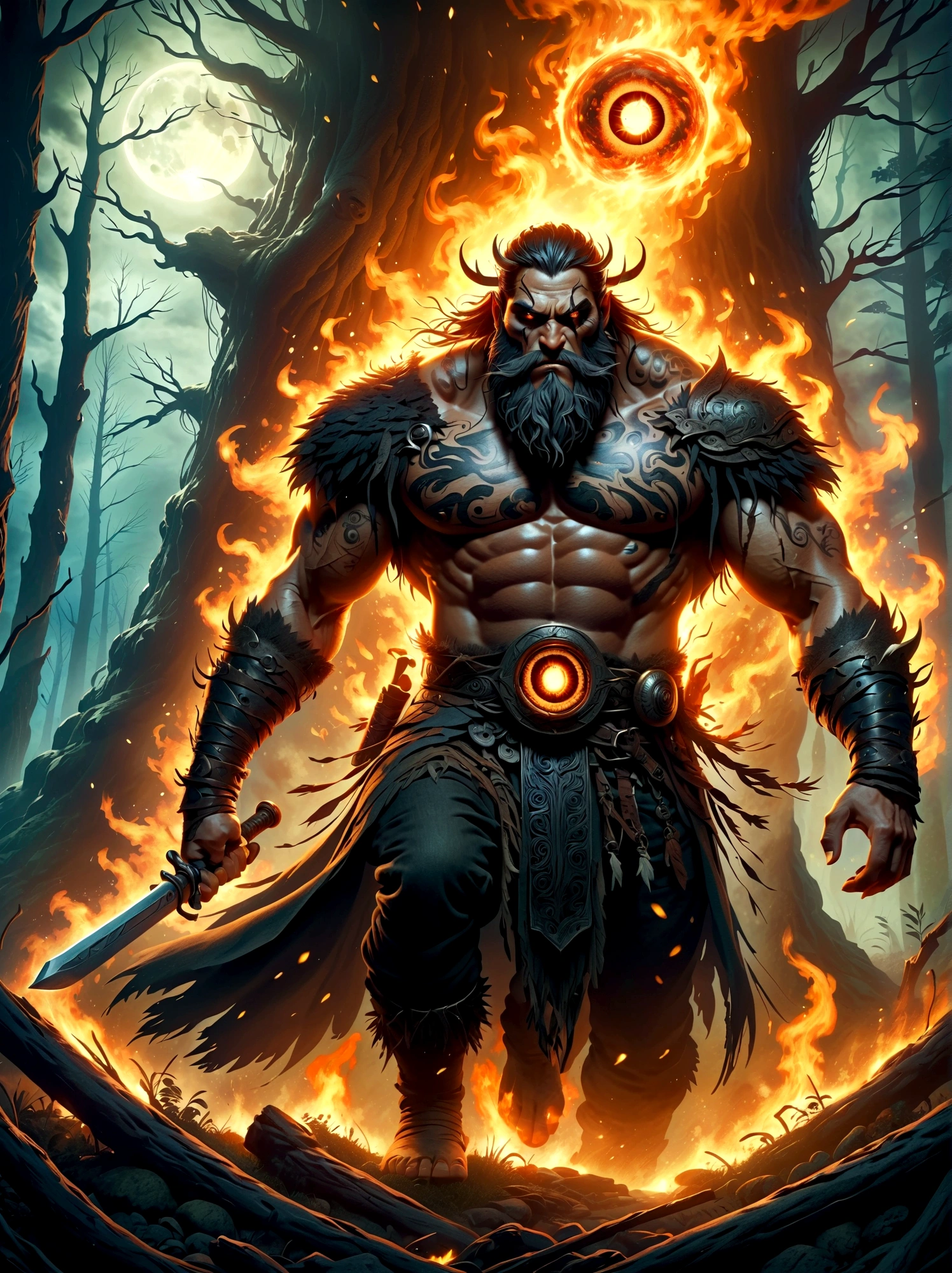 A one-eyed giant from Norse mythology, with a huge single eye covered by a black eye patch, depicted in a full-body view from a distance. The giant appears powerful and wild, with intricate details. The setting is a dark forest ablaze with hellish flames, creating a harsh environment. The artwork is in fantasy style, dark fantasy, with dramatic lighting, evoking an epic sense of destruction and fear. The image should be of the highest quality, 8k resolution, highly detailed, with 1.4 times the realism.