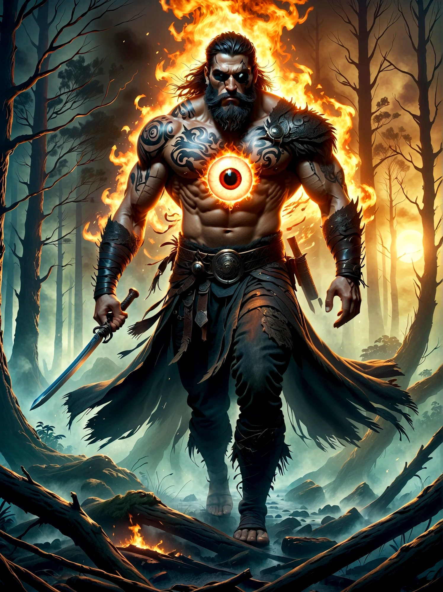 A one-eyed giant from Norse mythology, with a huge single eye covered by a black eye patch, depicted in a full-body view from a distance. The giant appears powerful and wild, with intricate details. The setting is a dark forest ablaze with hellish flames, creating a harsh environment. The artwork is in fantasy style, dark fantasy, with dramatic lighting, evoking an epic sense of destruction and fear. The image should be of the highest quality, 8k resolution, highly detailed, with 1.4 times the realism.