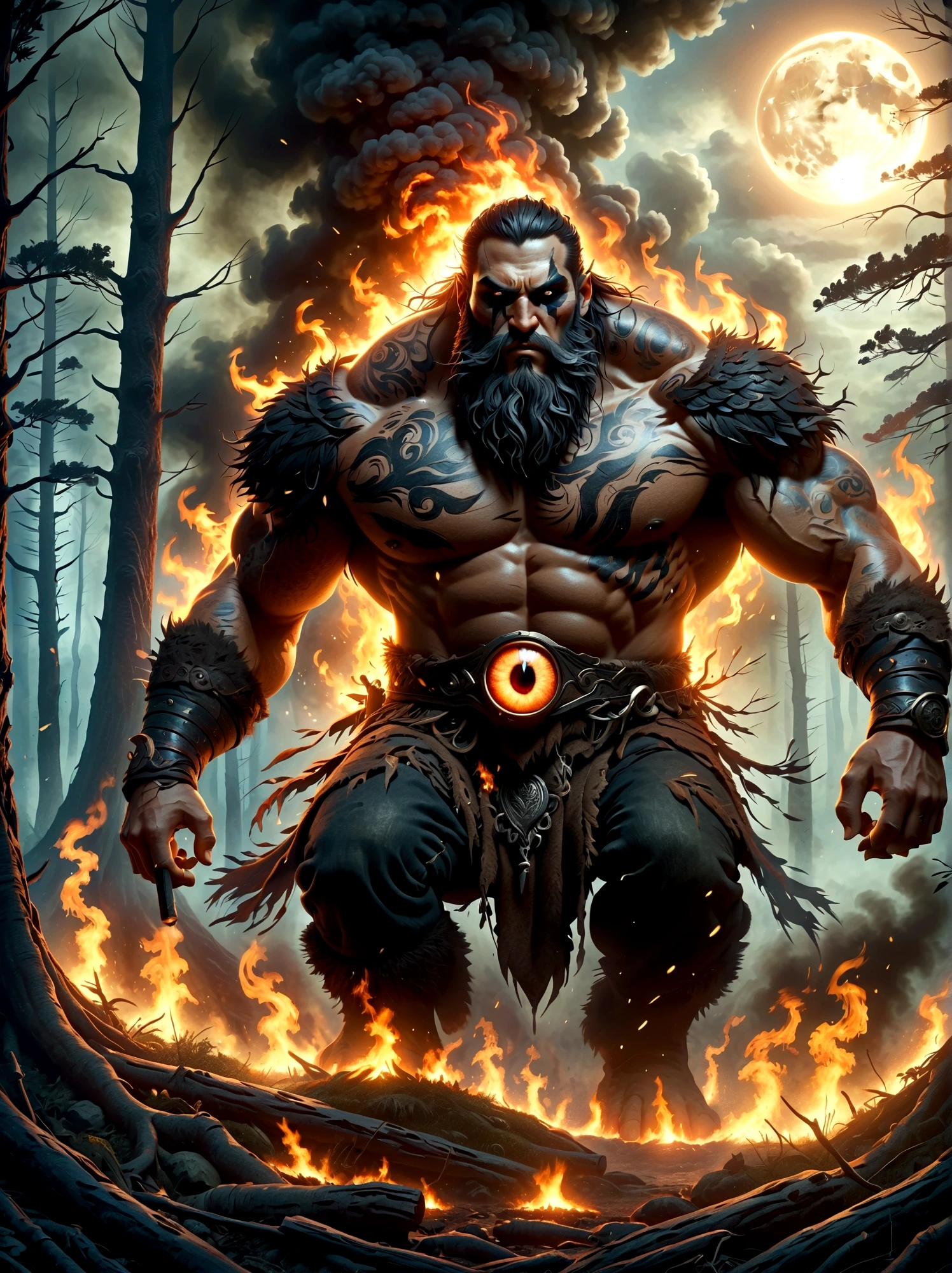 A one-eyed giant from Norse mythology, with a huge single eye covered by a black eye patch, depicted in a full-body view from a distance. The giant appears powerful and wild, with intricate details. The setting is a dark forest ablaze with hellish flames, creating a harsh environment. The artwork is in fantasy style, dark fantasy, with dramatic lighting, evoking an epic sense of destruction and fear. The image should be of the highest quality, 8k resolution, highly detailed, with 1.4 times the realism.