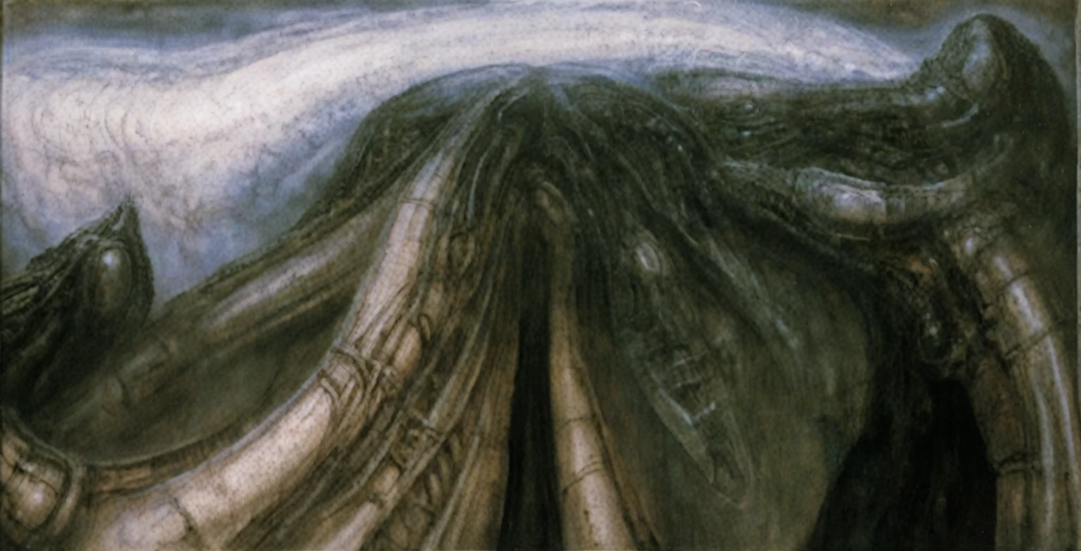 Create biomechanical tableau with some of the artistic techniques and compositional features used in /&quot;Necron IV/” by h r (Hans Rudie) giger:
 The image depicts a complex, sprawling city made of dark ivory, metal and wires. The city is densely packed with loops and twists, resembling a massive, intricate machine.
The painting is composed around a central focus of bone-like celestial formations and tectonic weathering structures with a phallic spine. This central form is the most detailed and brightly lit part of the painting, and it draws the viewer's eye in.The central focus is emphasized by the use of light and shadow. The light source is coming from the top left of the painting, and it casts a bright spotlight on the scene.
Biomorphic forms: The biomechanical forms in the painting are inspired by biological organisms, but they are also machine-like. These forms create a sense of unease and discomfort, as they blur the line between the natural and the artificial
. The image is highly detailed and intricate, uses, with transparent organs and bones exposed). The piece has a thick mechano-organic texture and is covered in fine details. The image has a swirling, organic quality to it. The artistic manner would be unmistakably Gigeresque. A dark and unsettling beauty would permeate the piece, blurring the lines between fascination and repulsion , forever haunted by the grotesque allure. Giger's signature artistic manner would be evident in every stroke. The airbrush would be wielded with masterful precision to create a hyperrealistic yet nightmarish aesthetic.,hrgiger,H.G. Giger Style, Biomechanics,HRGigerArhP style