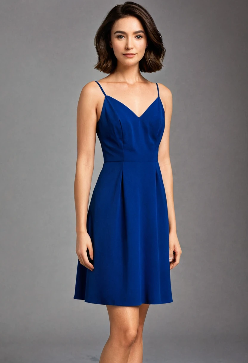 a woman wearing a short, royal blue dress. Here are some detailed observations about the dress:
Color: A vibrant royal blue.
Style: The dress features an A-line silhouette, which flares out from the waist and creates a feminine shape.
Neckline: It has a subtle V-neckline, accented by a slight notch at the top of the bust area, adding a touch of structure to the otherwise soft lines.
Straps: The dress has thin spaghetti straps that sit over the shoulders.
Material: It appears to be made from a flowy yet structured fabric, giving the dress shape and support.
Length: The dress is short, ending above the knees, making it ideal for a summery or casual occasion.
Fit: It is fitted at the bodice, emphasizing the waist, while the skirt falls loosely.
The background is plain and white, which keeps the focus on the dress and the model. The woman has shoulder-length dark hair and is wearing subtle, natural makeup. She stands confidently with her arms relaxed at her sides, exuding a calm and composed demeanor.