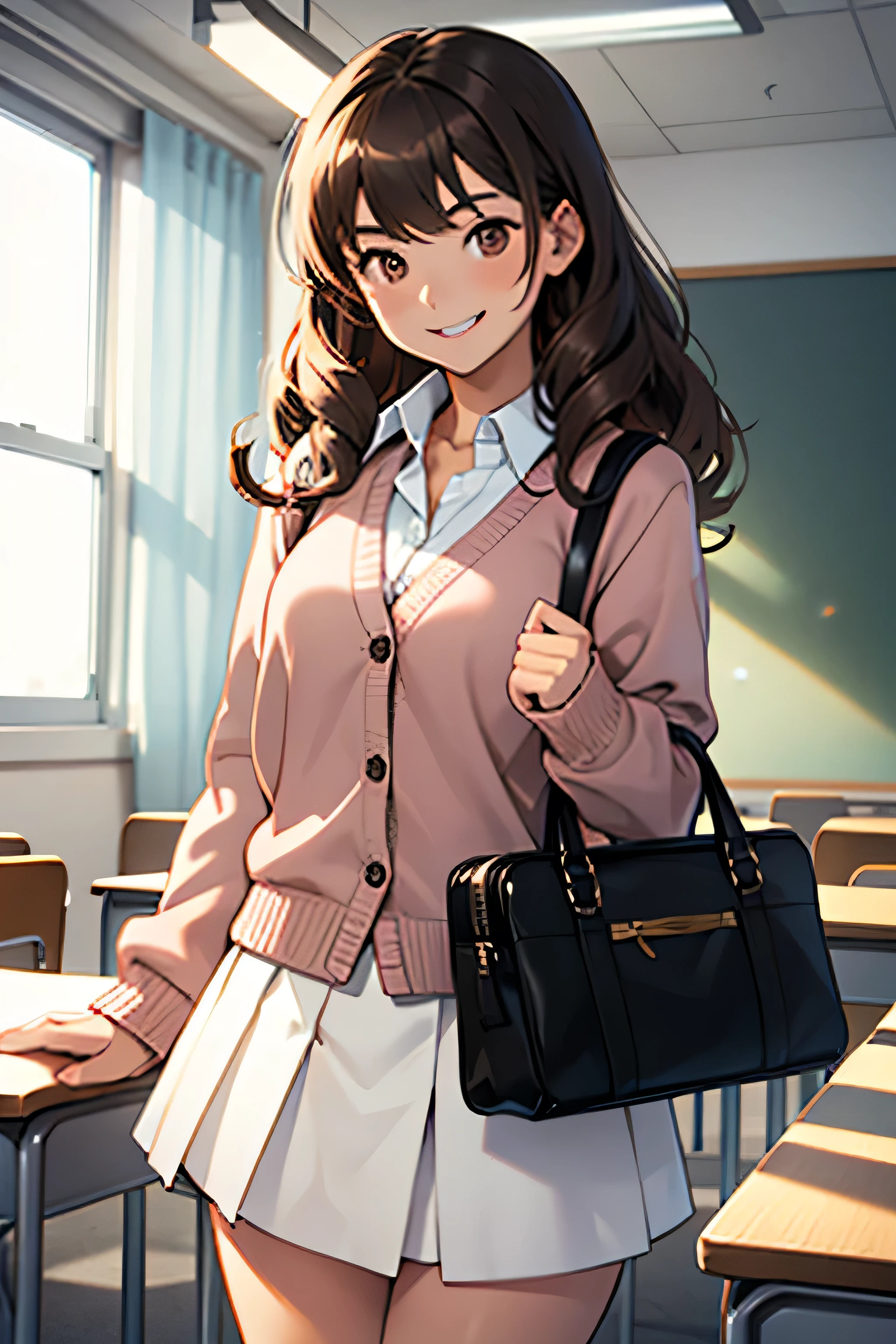 A young student girl grinning, wearing uniform, wearing a black handbag, long brown curls, bright brown eyes, in a classroom, white skirt, pink cardigan