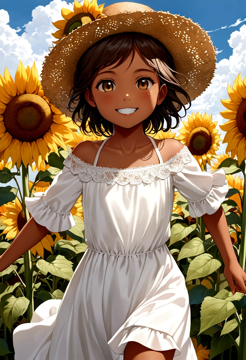 ((masterpiece)),((Highest quality)),((High resolution)),((Anatomical)),((Realistic)),((Detailed Description)),((Perfect lighting)),((8K)),((cute)),((blue sky)),((cumulonimbus)),((Big sunflower field)),(((One ))),(((Lori))),(((neutral))),((8-year-old)),((Beautiful eyes)),((Baby Face)),((low length)),((Petite)),((slender)),((smile)),((White teeth)),((((Deep tan)))),((Full body view)),((Pure white dress)),((Straw hat)),((Sprinting)),