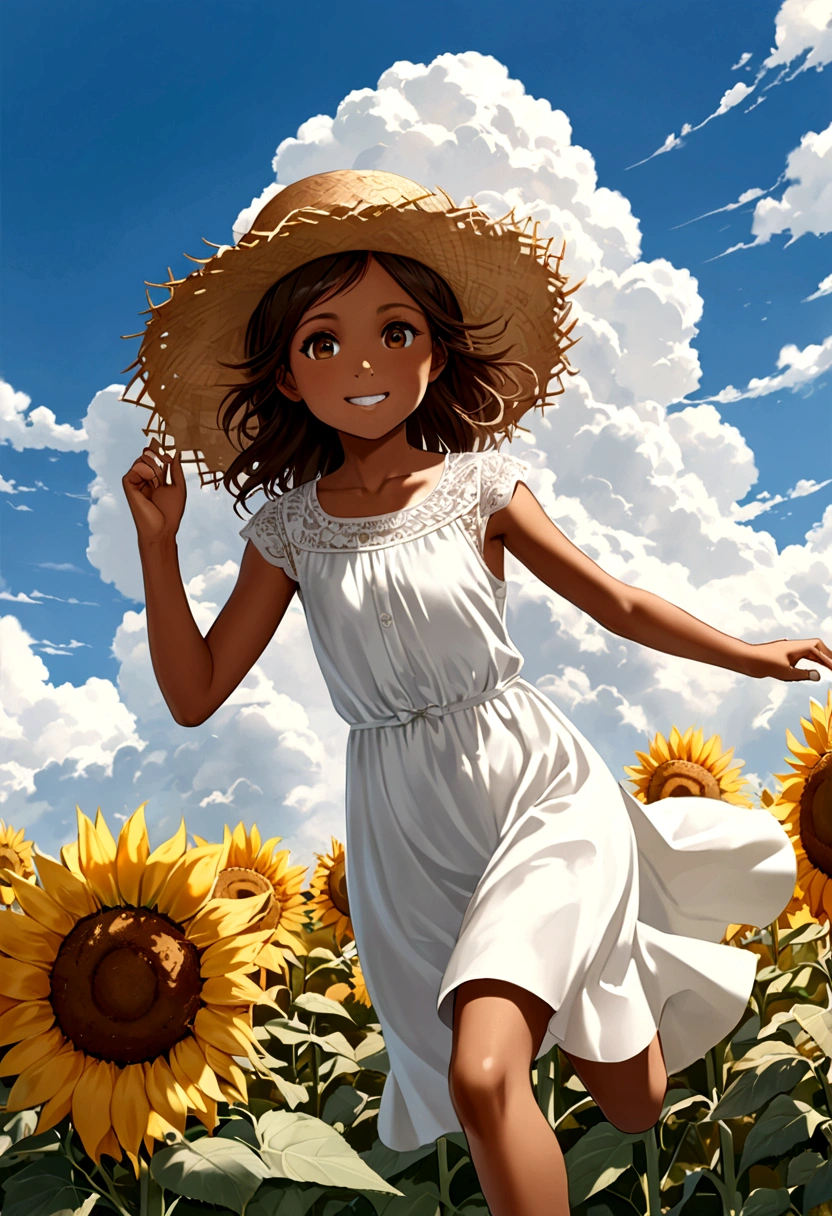((masterpiece)),((Highest quality)),((High resolution)),((Anatomical)),((Realistic)),((Detailed Description)),((Perfect lighting)),((8K)),((cute)),((blue sky)),((cumulonimbus)),((Big sunflower field)),(((One little girl))),(((Lori))),(((neutral))),((8-year-old)),((Beautiful eyes)),((Baby Face)),((low length)),((Petite)),((slender)),((smile)),((White teeth)),((((Deep tan)))),((Full body view)),((Pure white dress)),((Straw hat)),((Sprinting)),